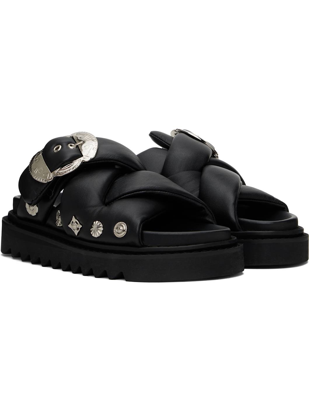 Black Padded Leather Sandals - 4