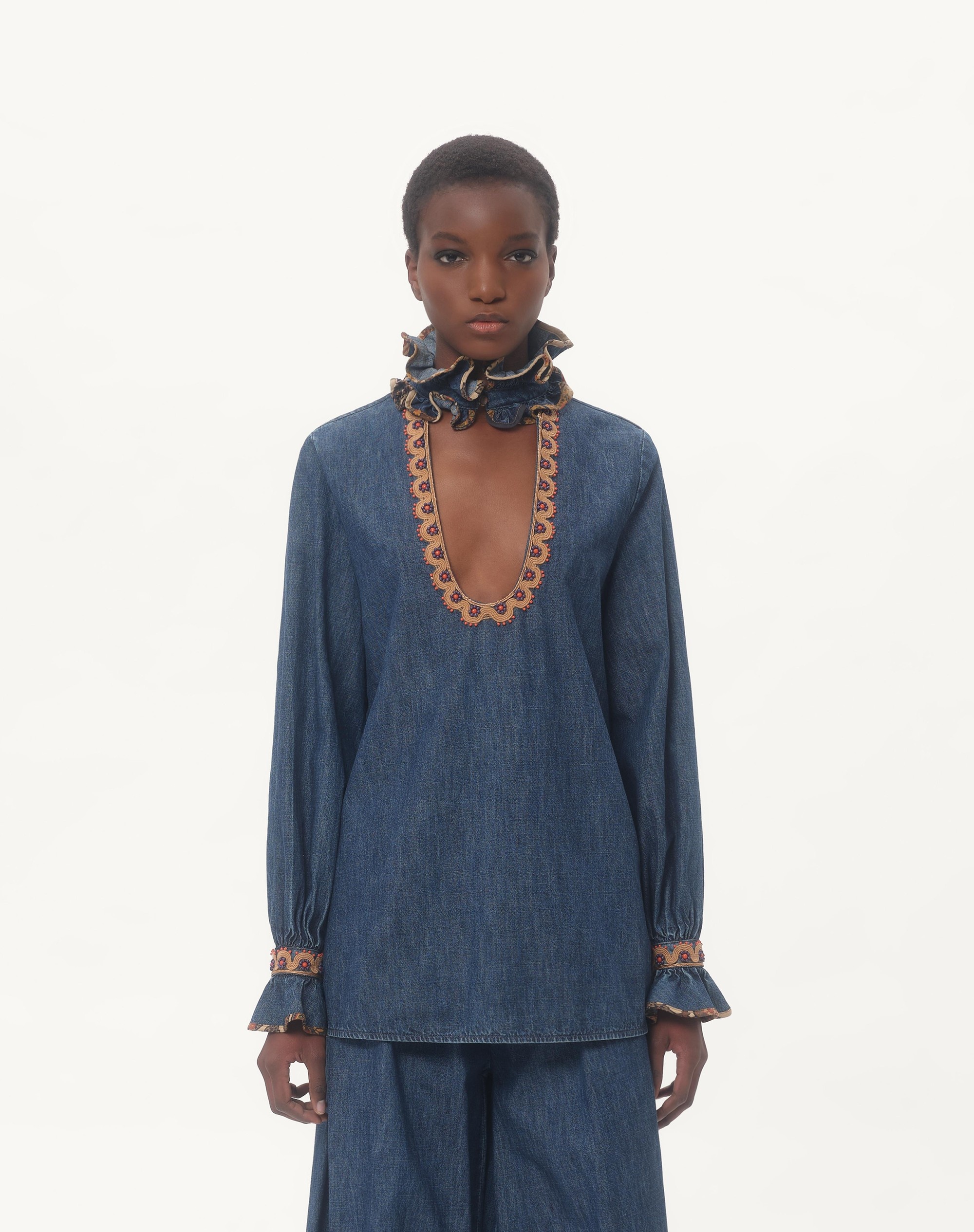 EMBROIDERED CHAMBRAY DENIM TOP - 6