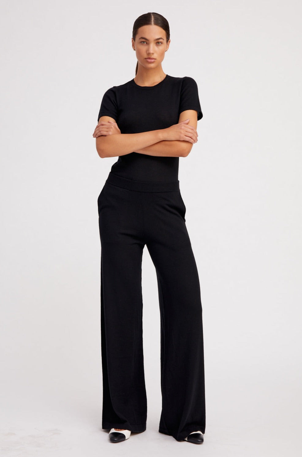 BLACK ULTRA FINE CASHMERE WIDE LEG PANTS - 2