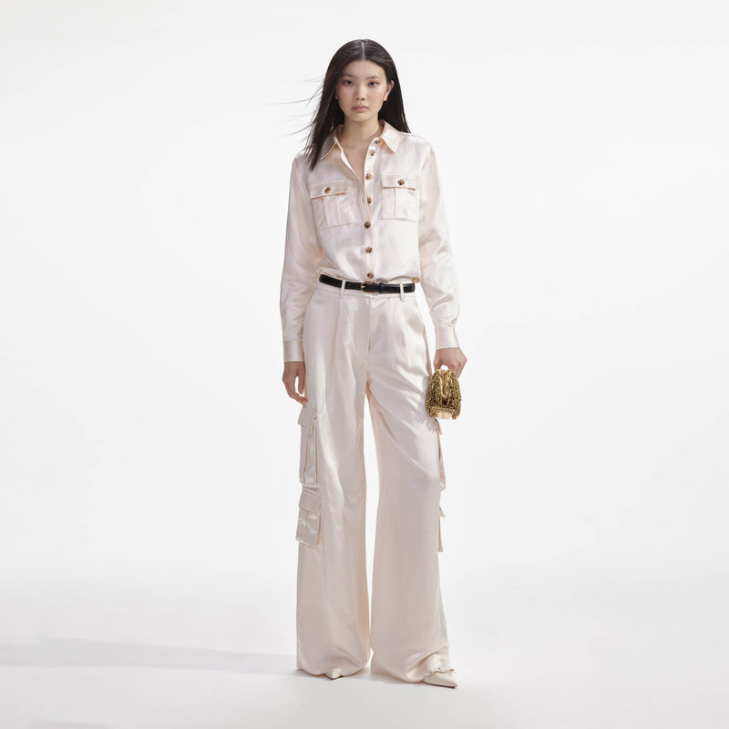 Cream Satin Cargo Trousers 1