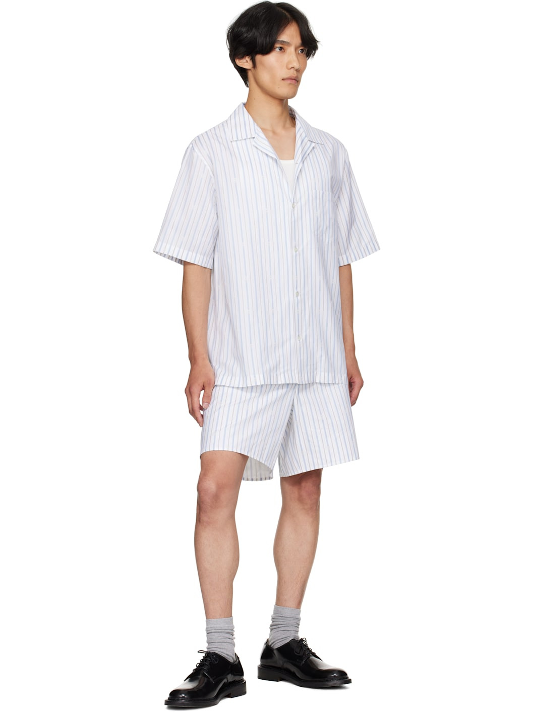 White & Blue Skull Stripe Shorts - 4