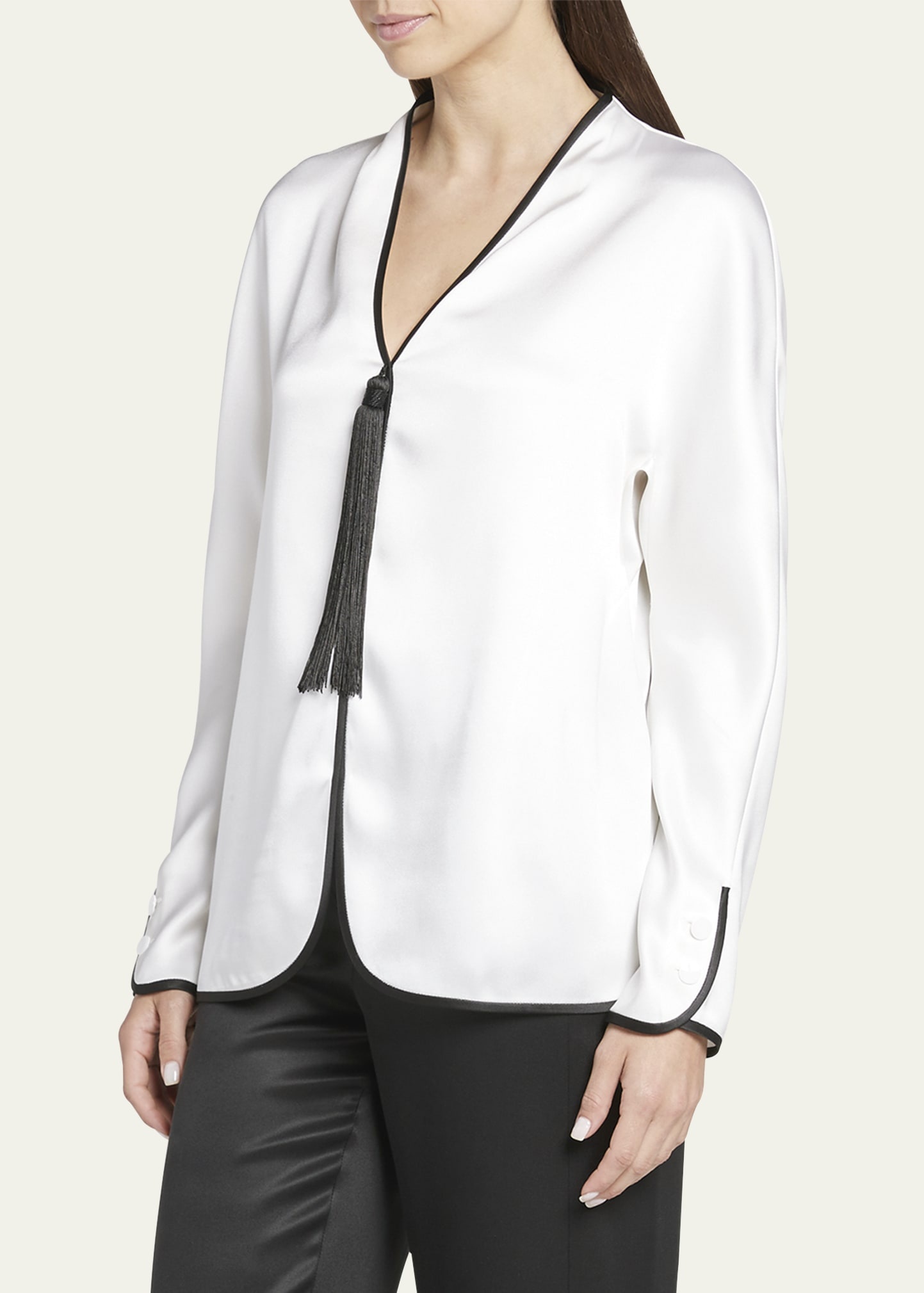 Tassel Silk Blouse with Contrast Tipping - 4