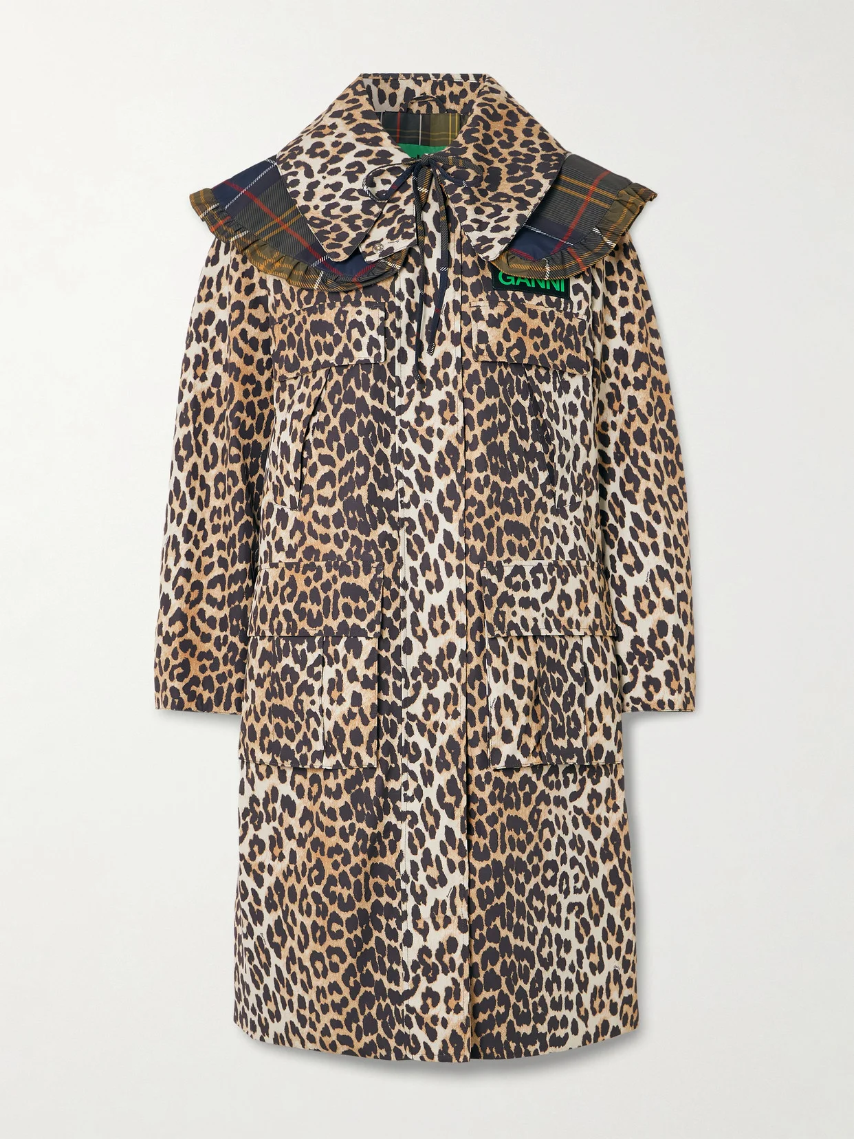 + Ganni Hooded Ruffled Checked Leopard-print Shell Parka - 1