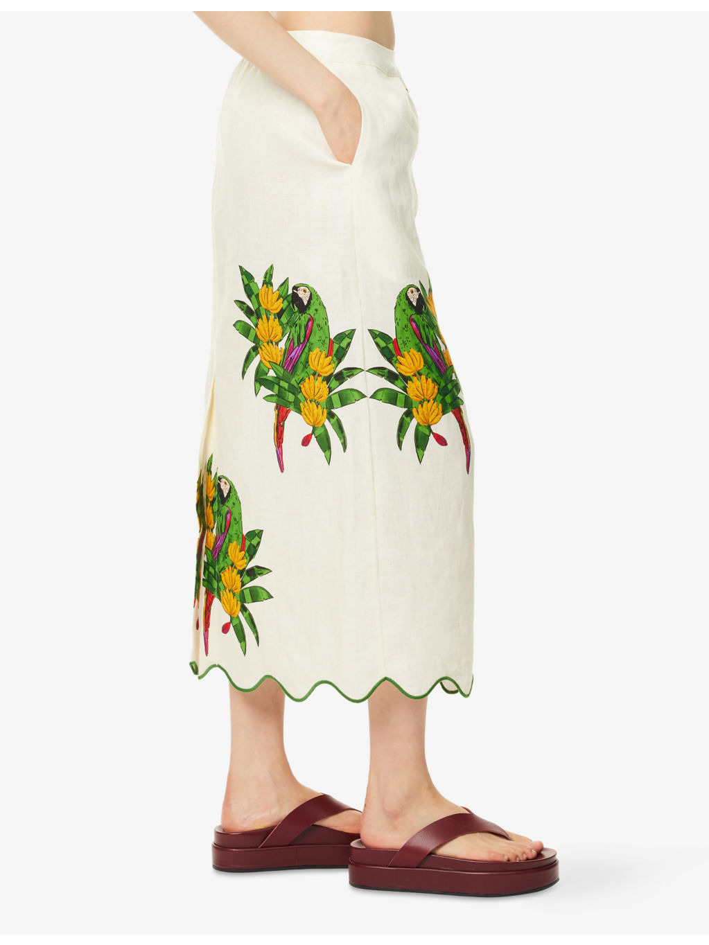 Graphic-Pattern Scalloped Linen Midi Skirt - 3