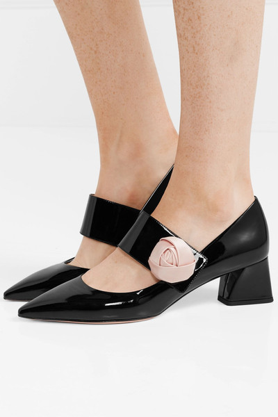 Roger Vivier Rose Button satin-trimmed patent-leather Mary Jane pumps outlook