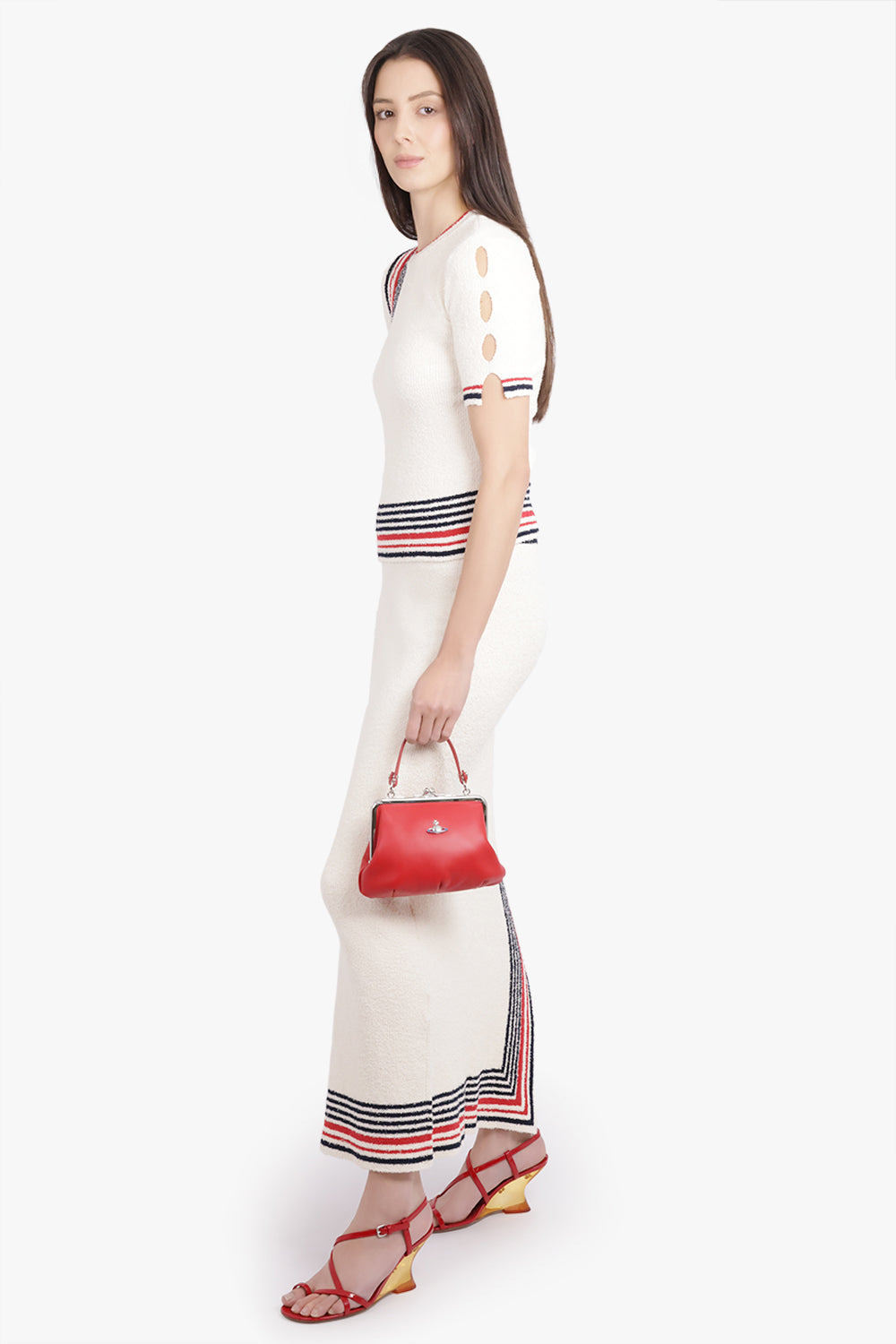 BOUCLE STRIPE DETAIL S/S KNIT TOP | CREAM/NAVY/RED - 2