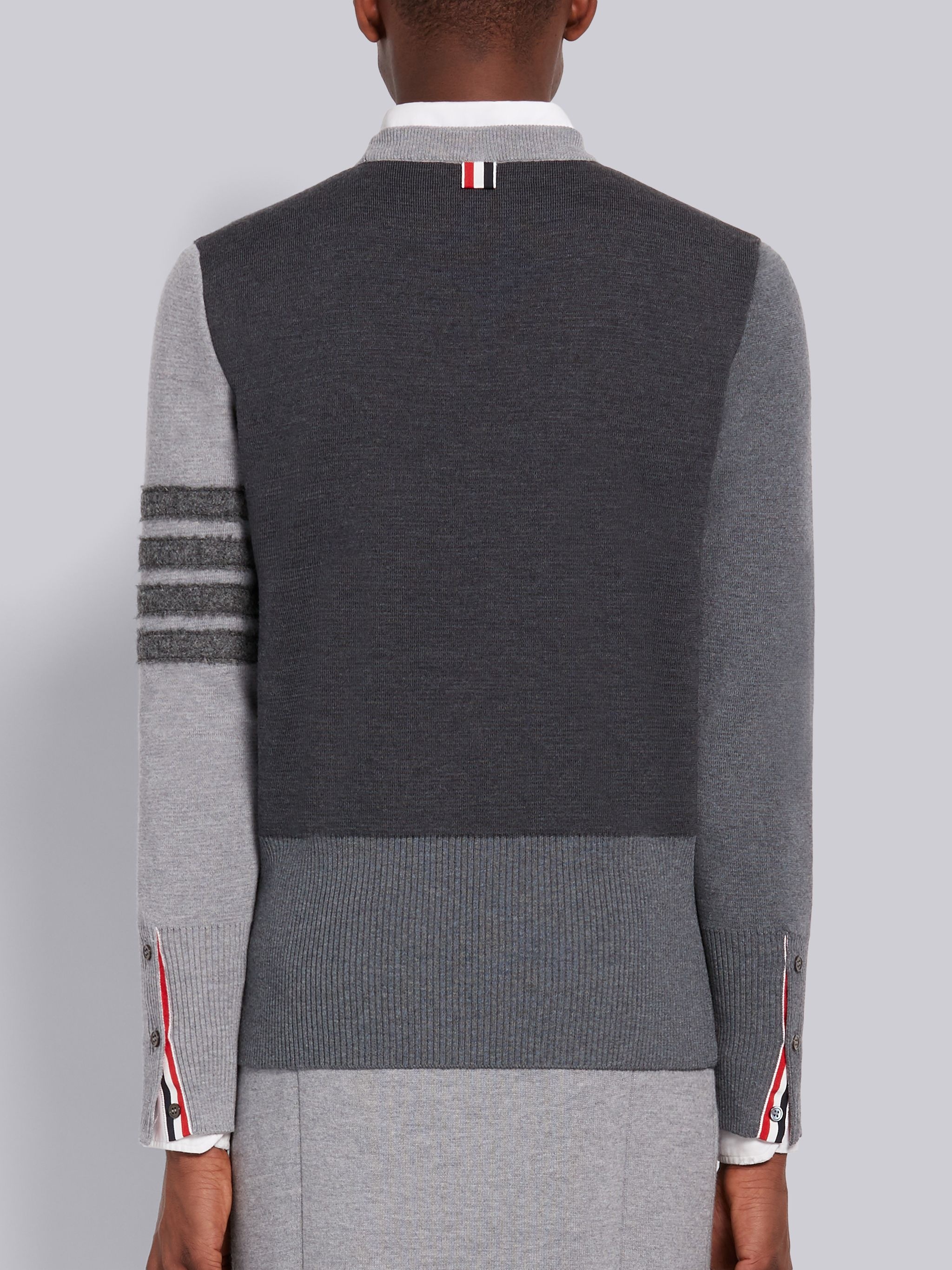 Grey Fun-Mix Milano Stitch Fine Merino Wool Crewneck Shetland 4-Bar Pullover - 3