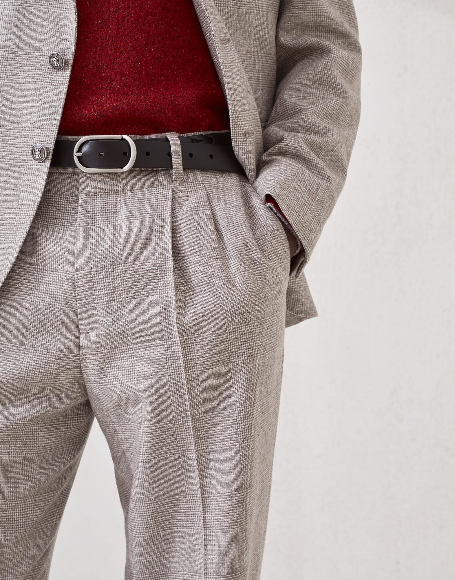 Silk, wool and cashmere flecked Prince of Wales flannel leisure fit trousers with double pleats - 3
