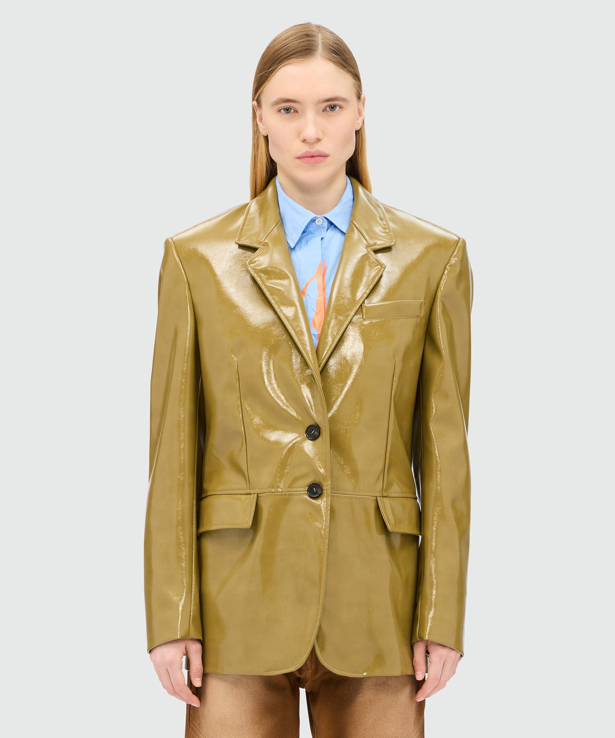 Olive green single-breasted vinyl jacket - 2