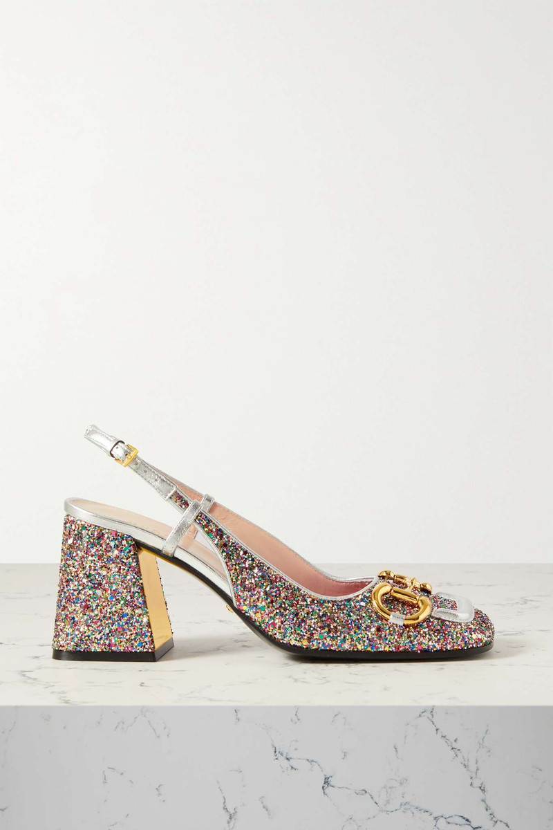 Horsebit-detailed glittered leather slingback pumps - 1