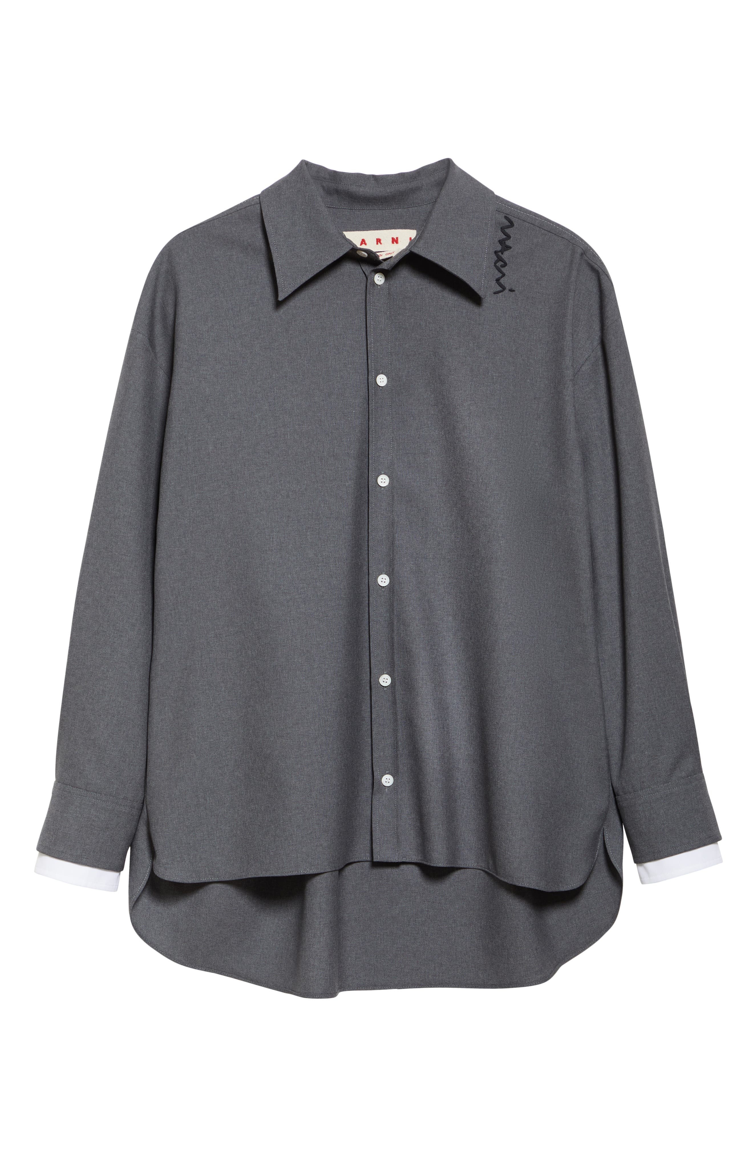 Marni Logo Embroidered Oversize High-Low Button-Up Shirt in Graphite/Black at Nordstrom - 6