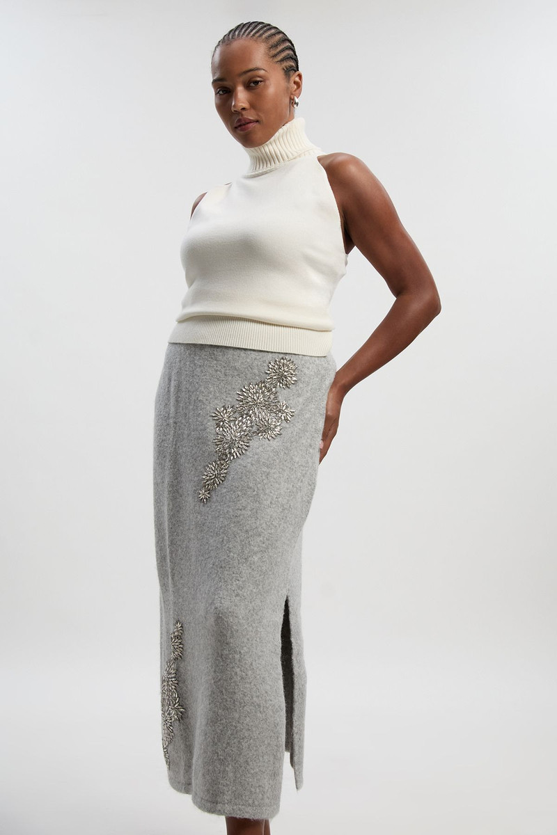 Plus Size Wool Blend Embellished Cosy Pencil Midi Skirt 1