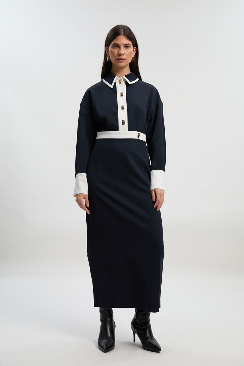 Twill Contrast Hardware Woven Midi Dress 1