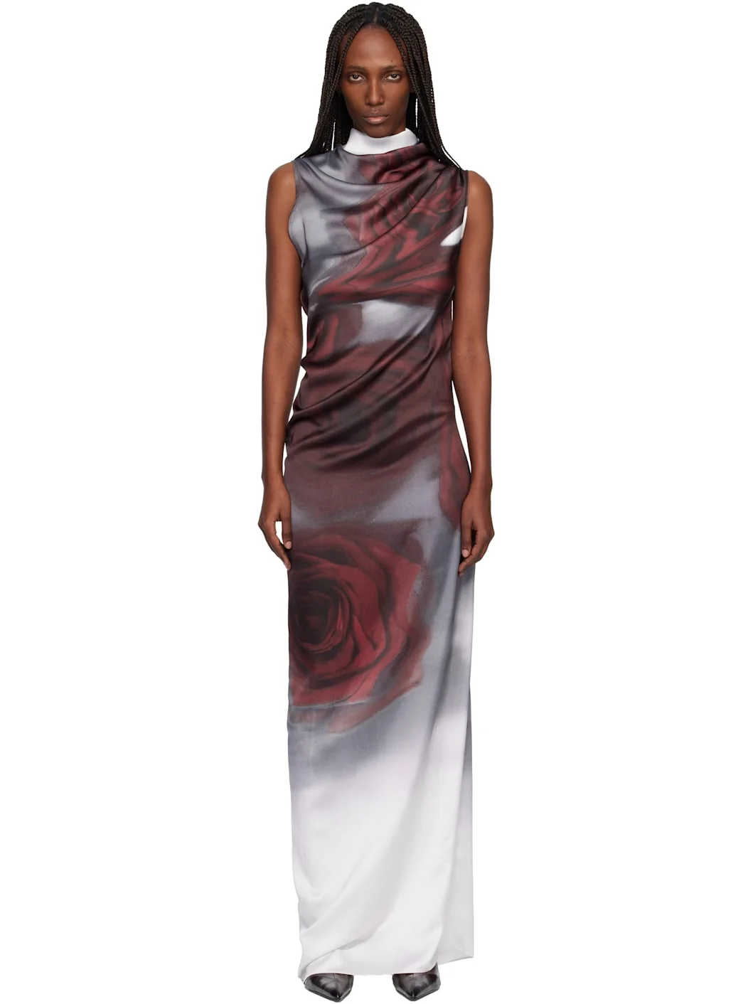 Gray & Red 'The Draped Blurry Roses' Maxi Dress - 1