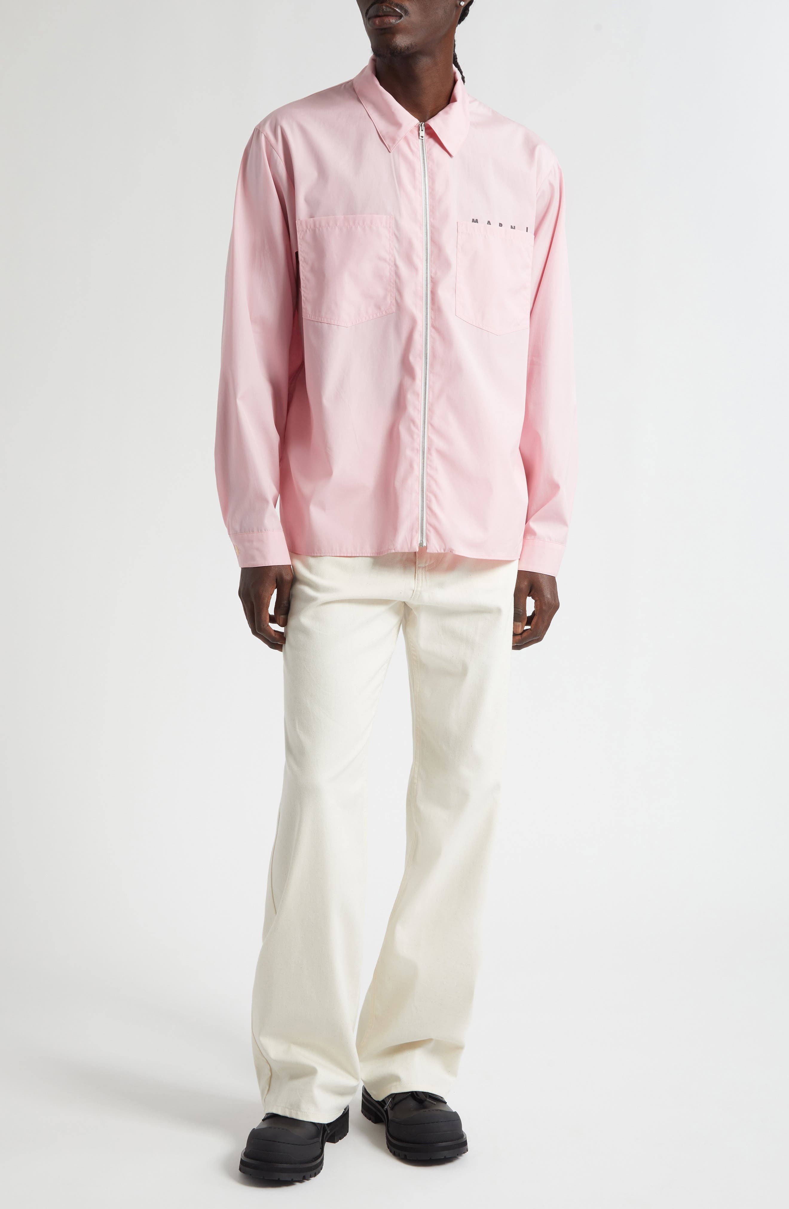 Marni Hidden Logo Organic Cotton Poplin Zip Shirt in Peony at Nordstrom - 2