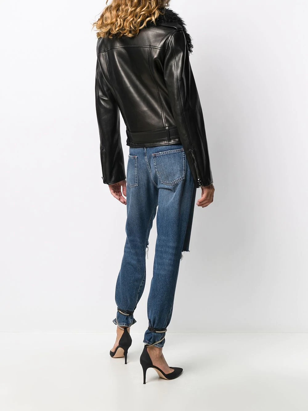 removable shearling collar biker jacket - 4