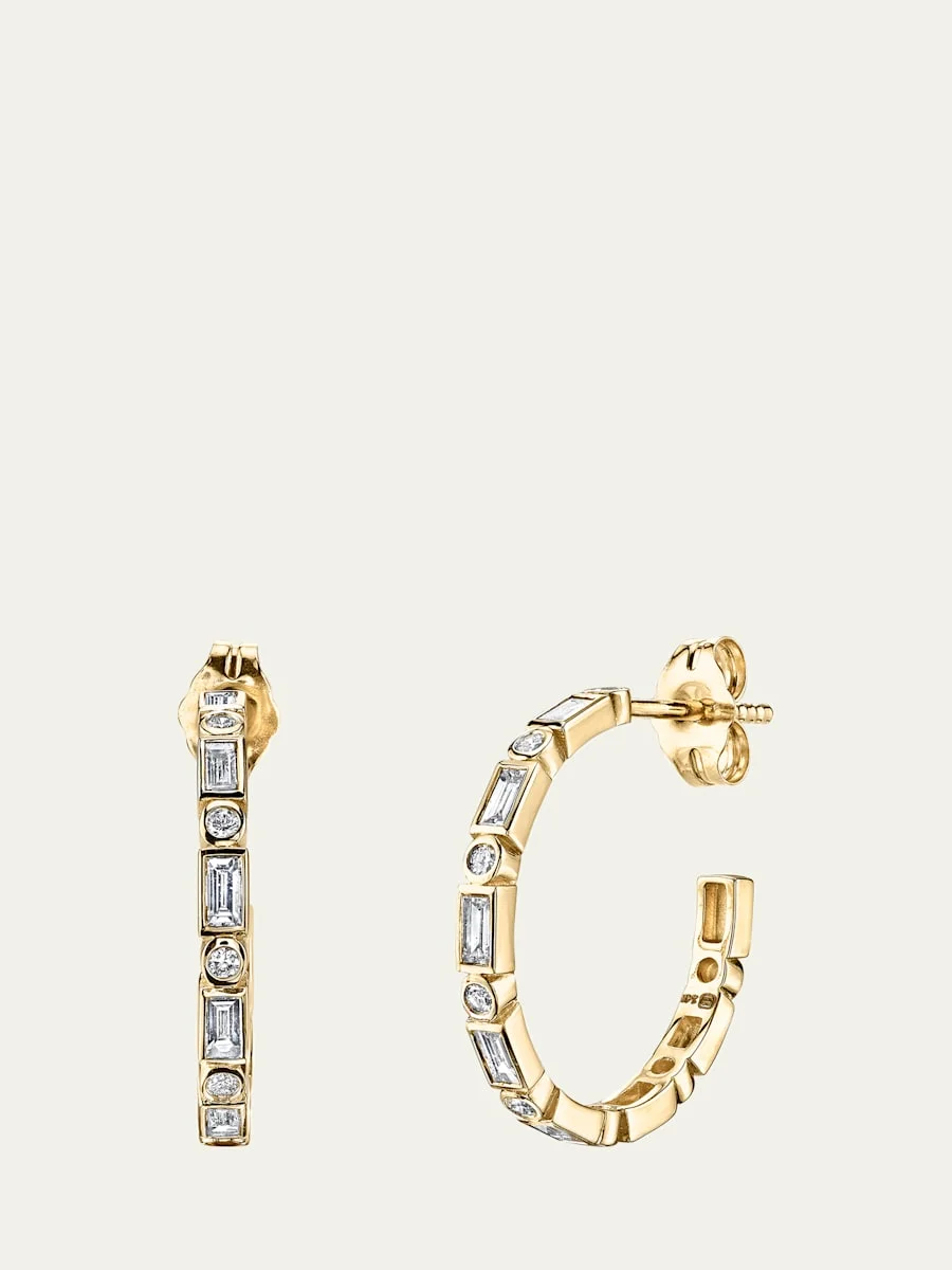14K Gold And Diamond Baguette And Round Bezel Medium Hoops - 1