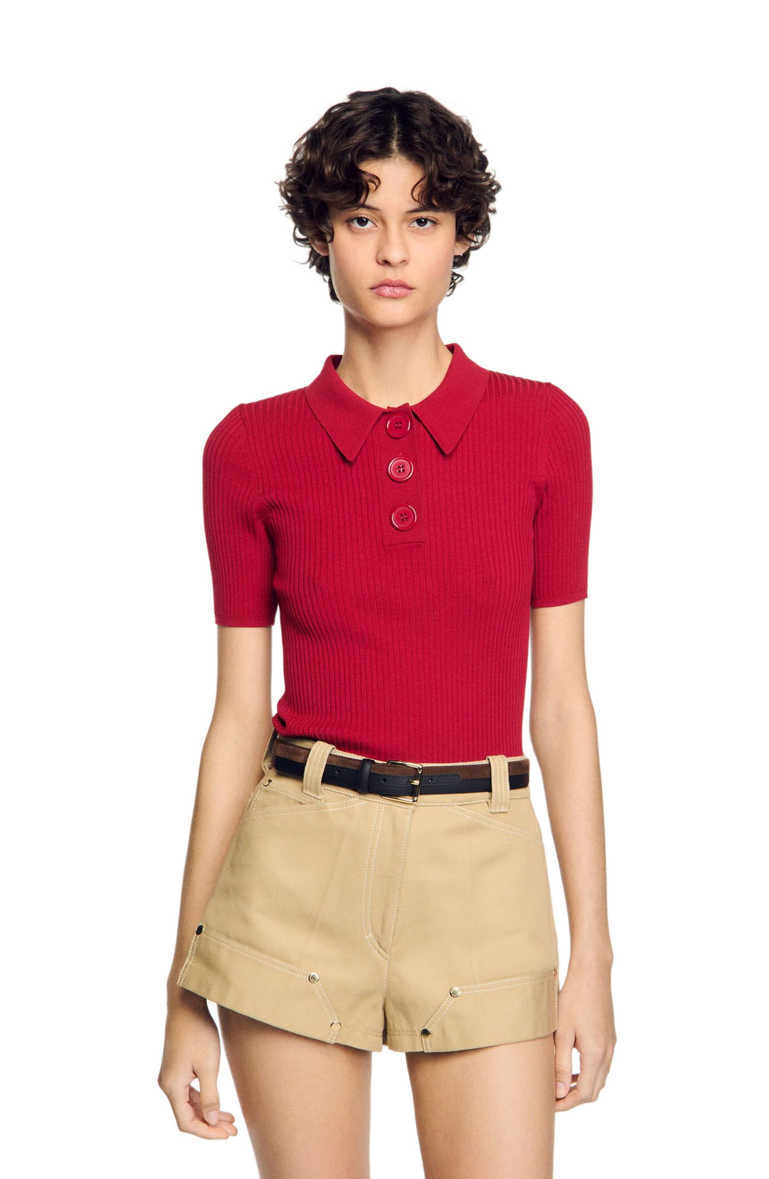 SANDRO Rib knit polo shirt in Cherry at Nordstrom - 3