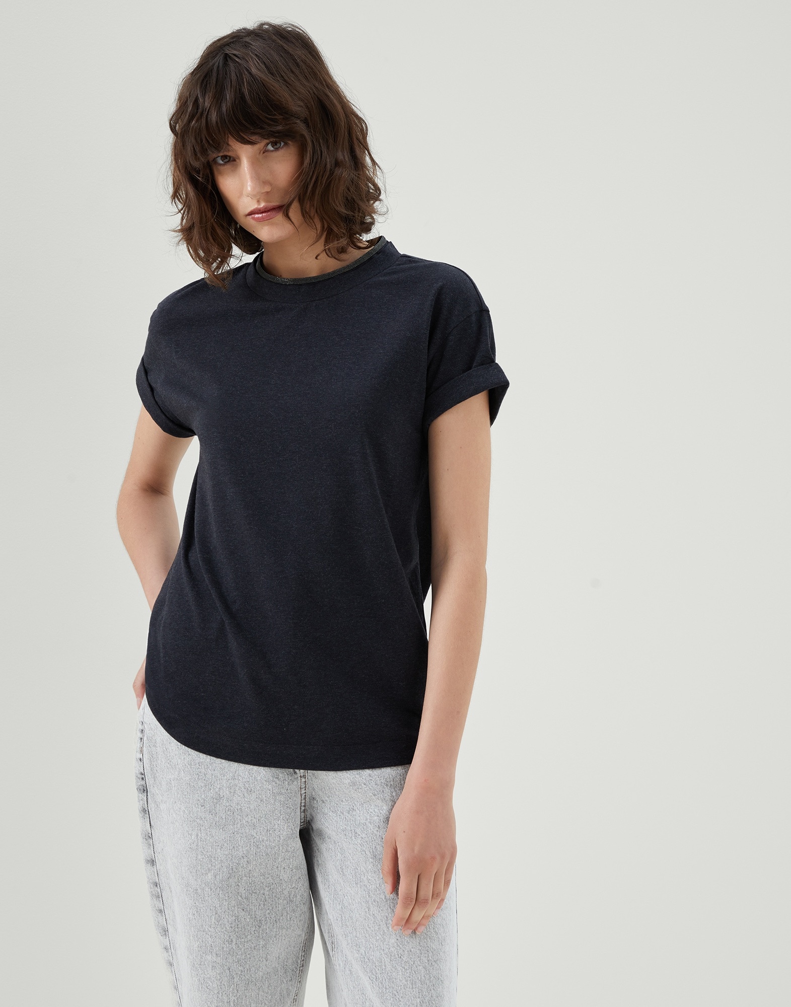 Stretch cotton jersey T-shirt with precious faux-layering - 1