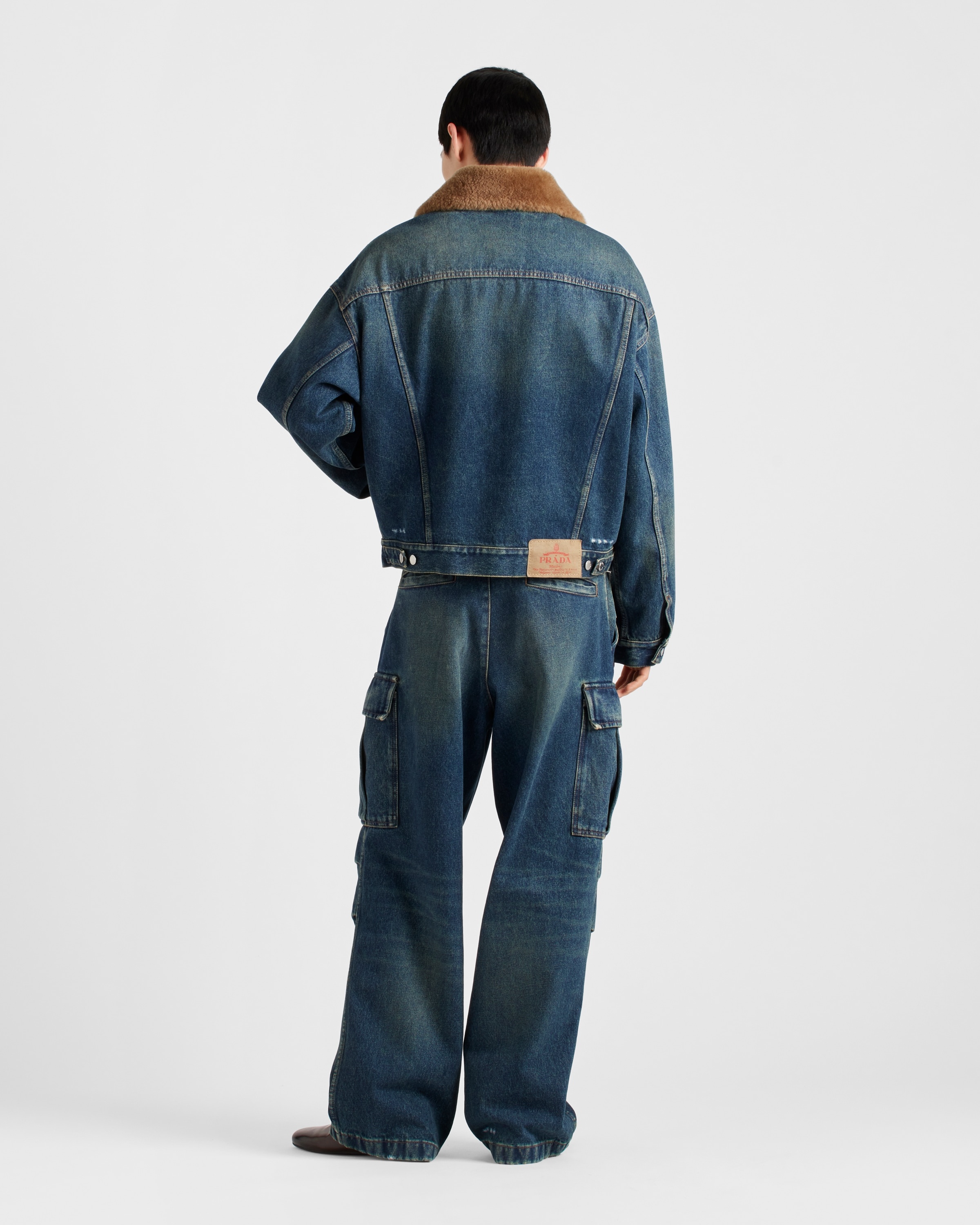 Padded denim blouson jacket with shearling collar - 5