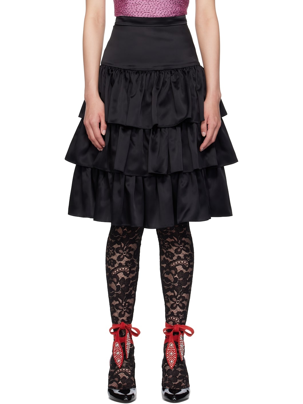 Black Satin Ruffle Midi Skirt - 1