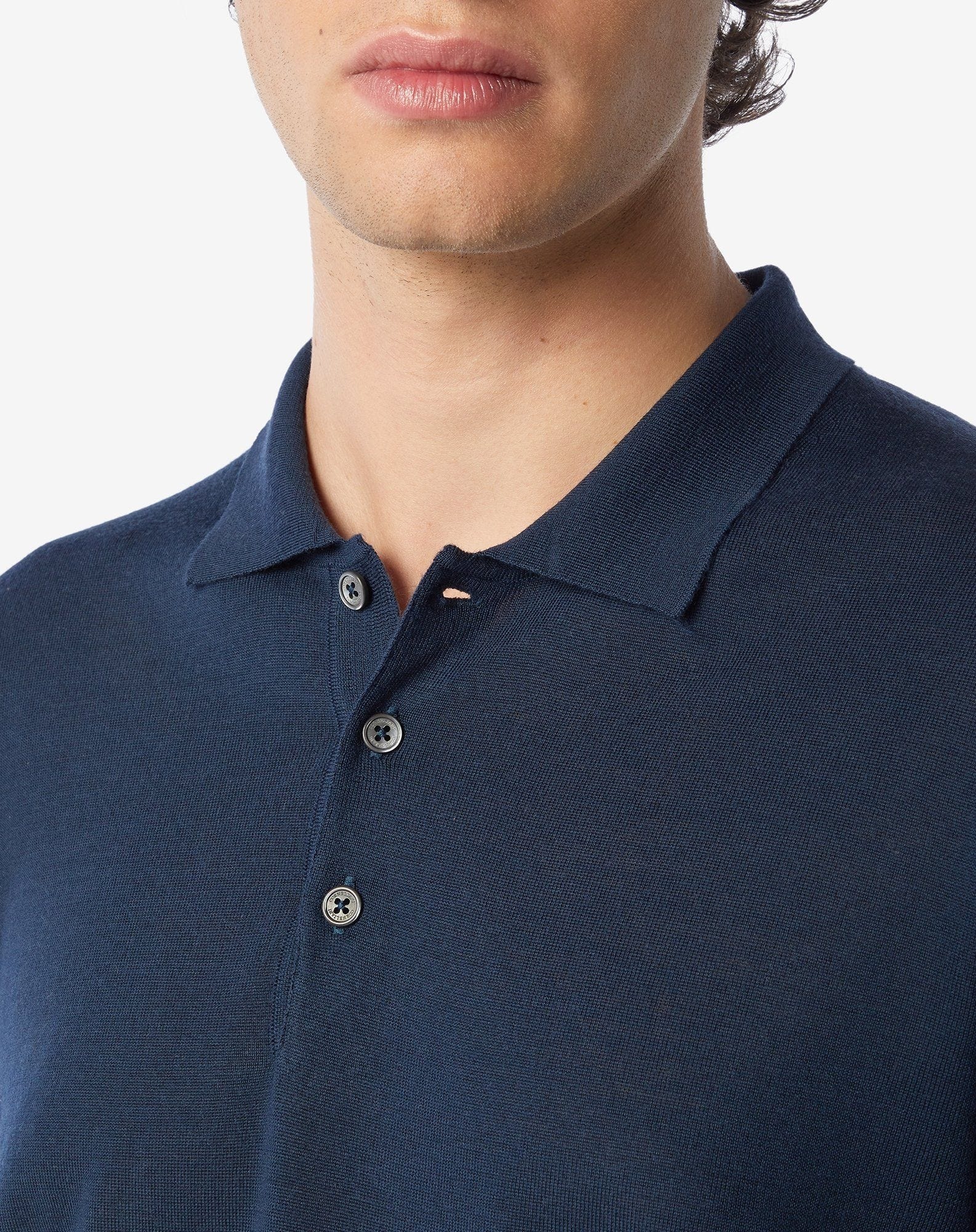 Blue 120's extra-fine wool button-up polo - 3