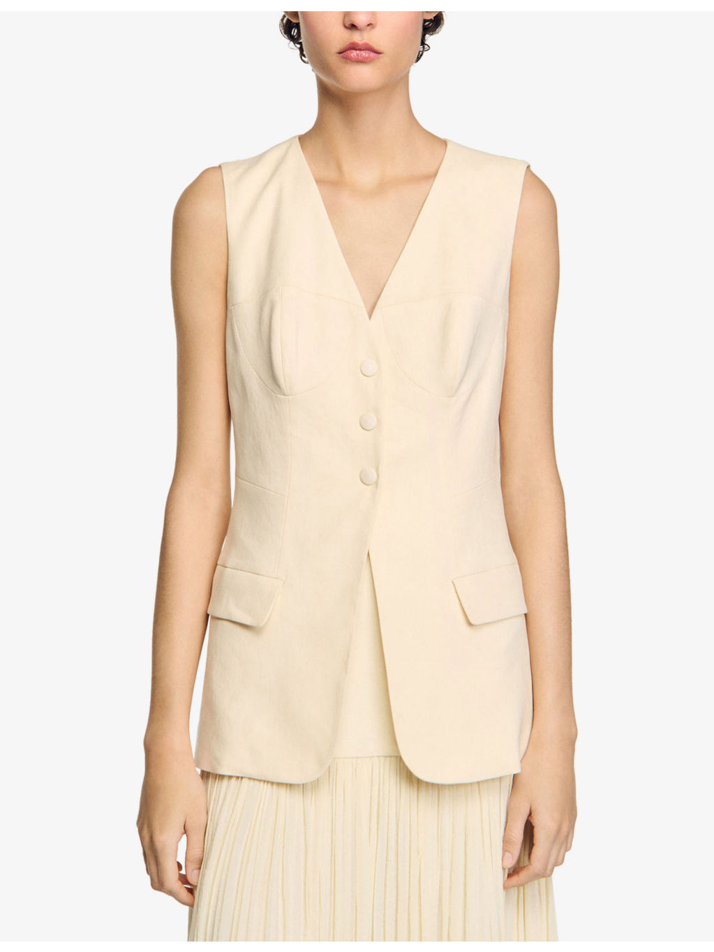 Corset-Style Sleeveless Linen-Blend Jacket - 3