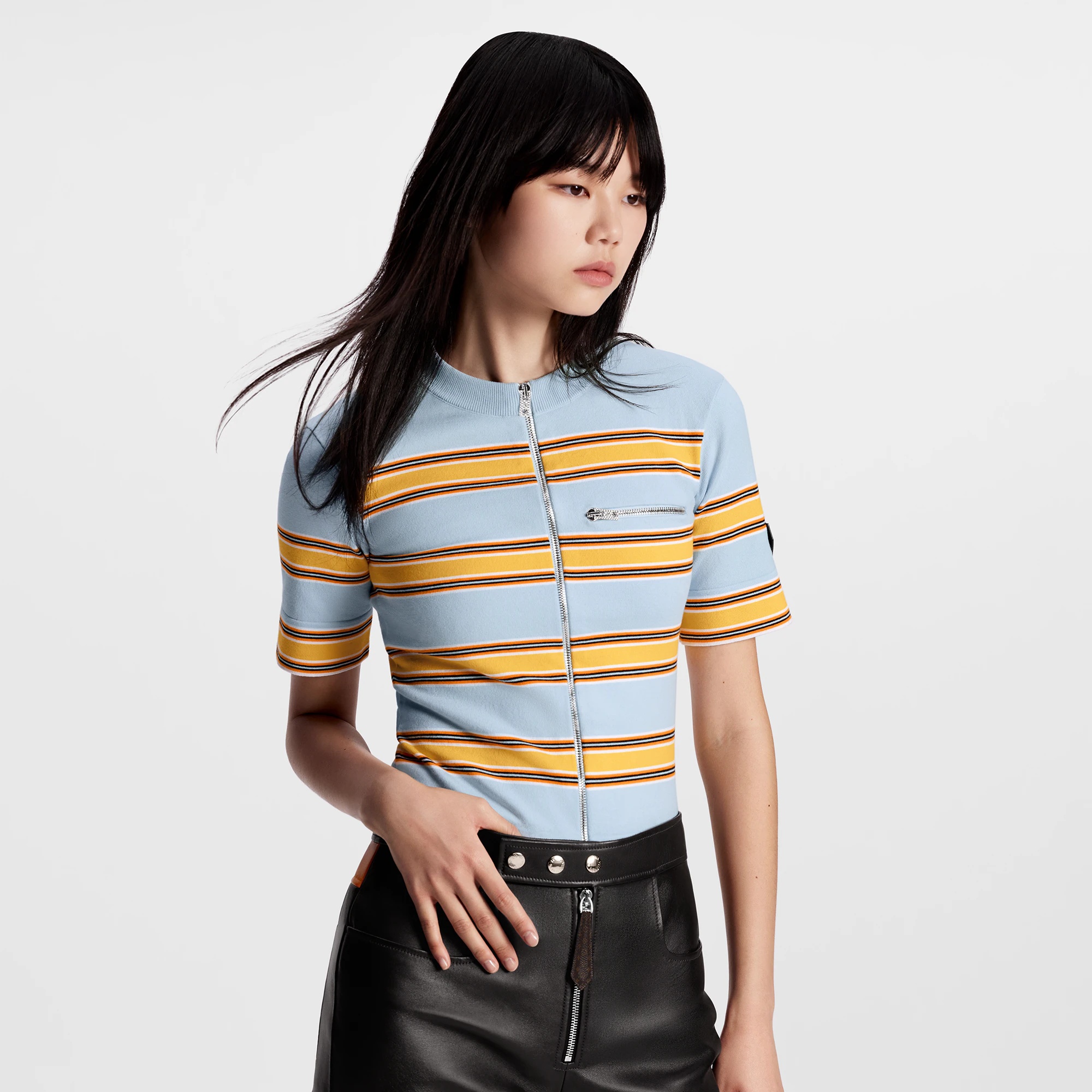 Collar Detail Striped Knit Top - 5