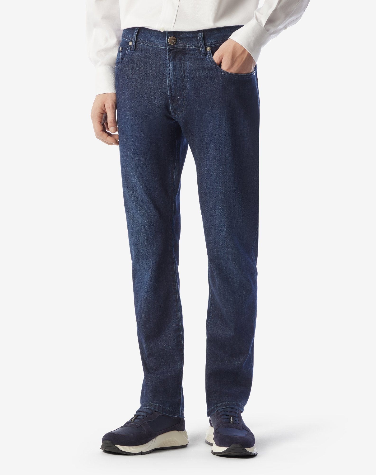 Navy blue stretch denim 5-pocket trousers - 2
