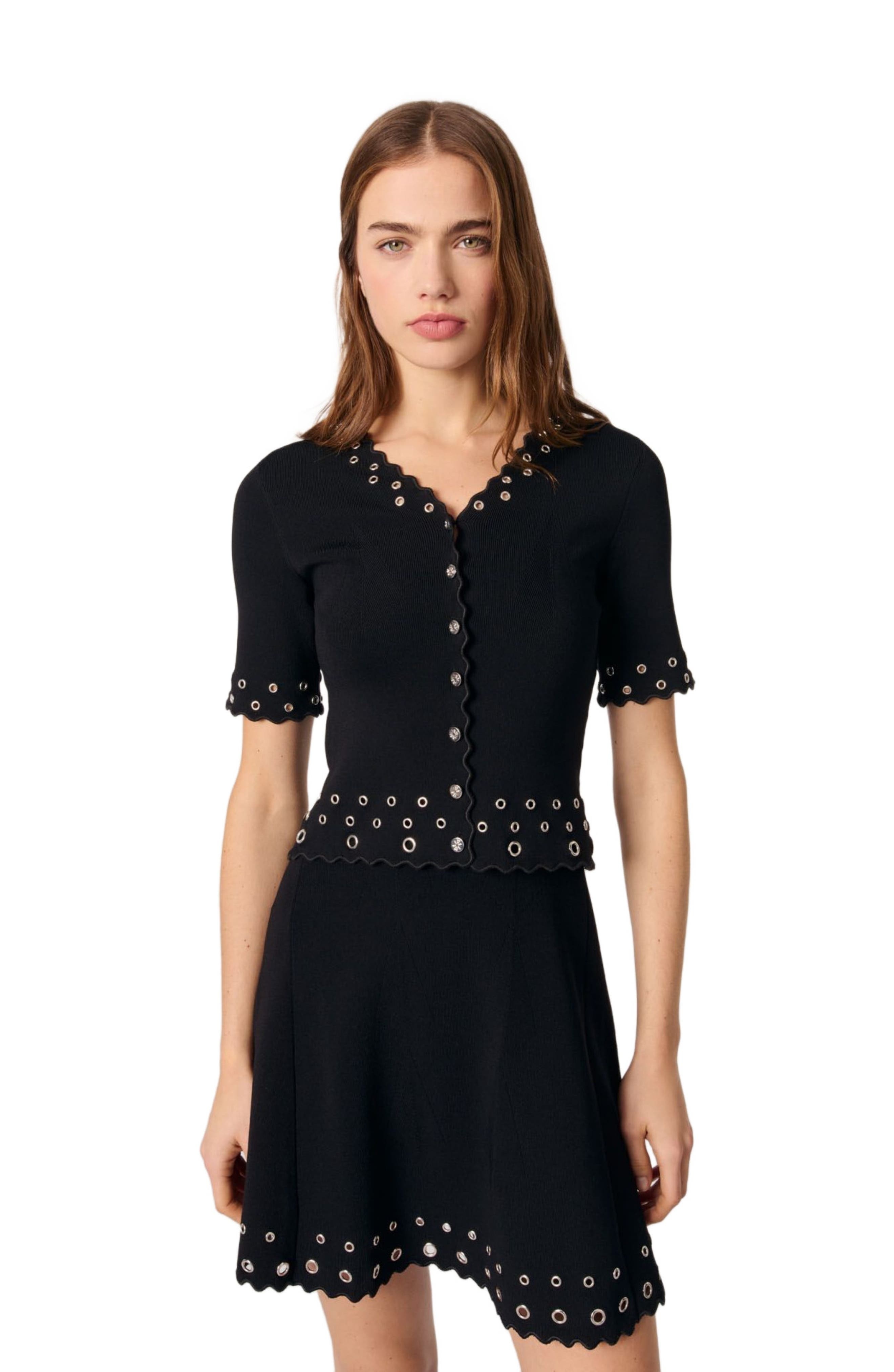 maje Cropped cardigan with eyelets in Black at Nordstrom - 4