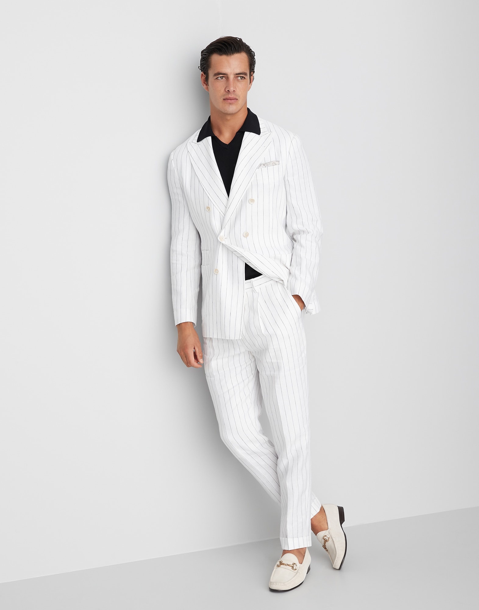Linen chalk stripe one-and-a-half breasted deconstructed blazer with patch pockets - 5