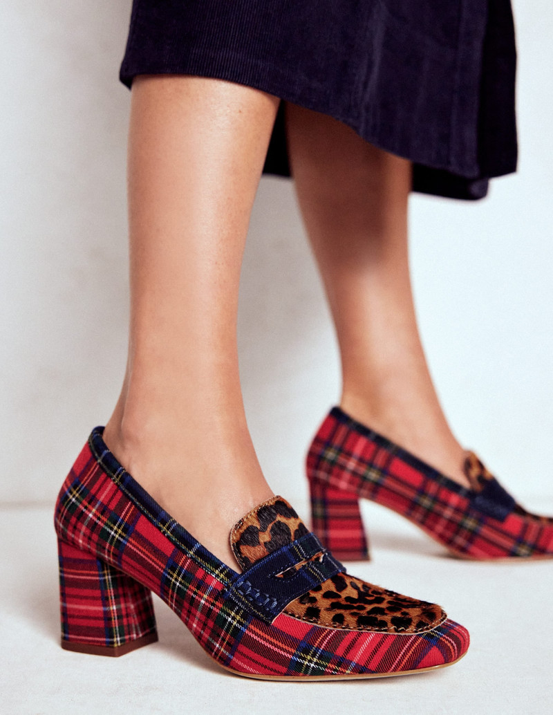 BODEN Sol Block Heeled Penny Loafers-Tartan Check outlook