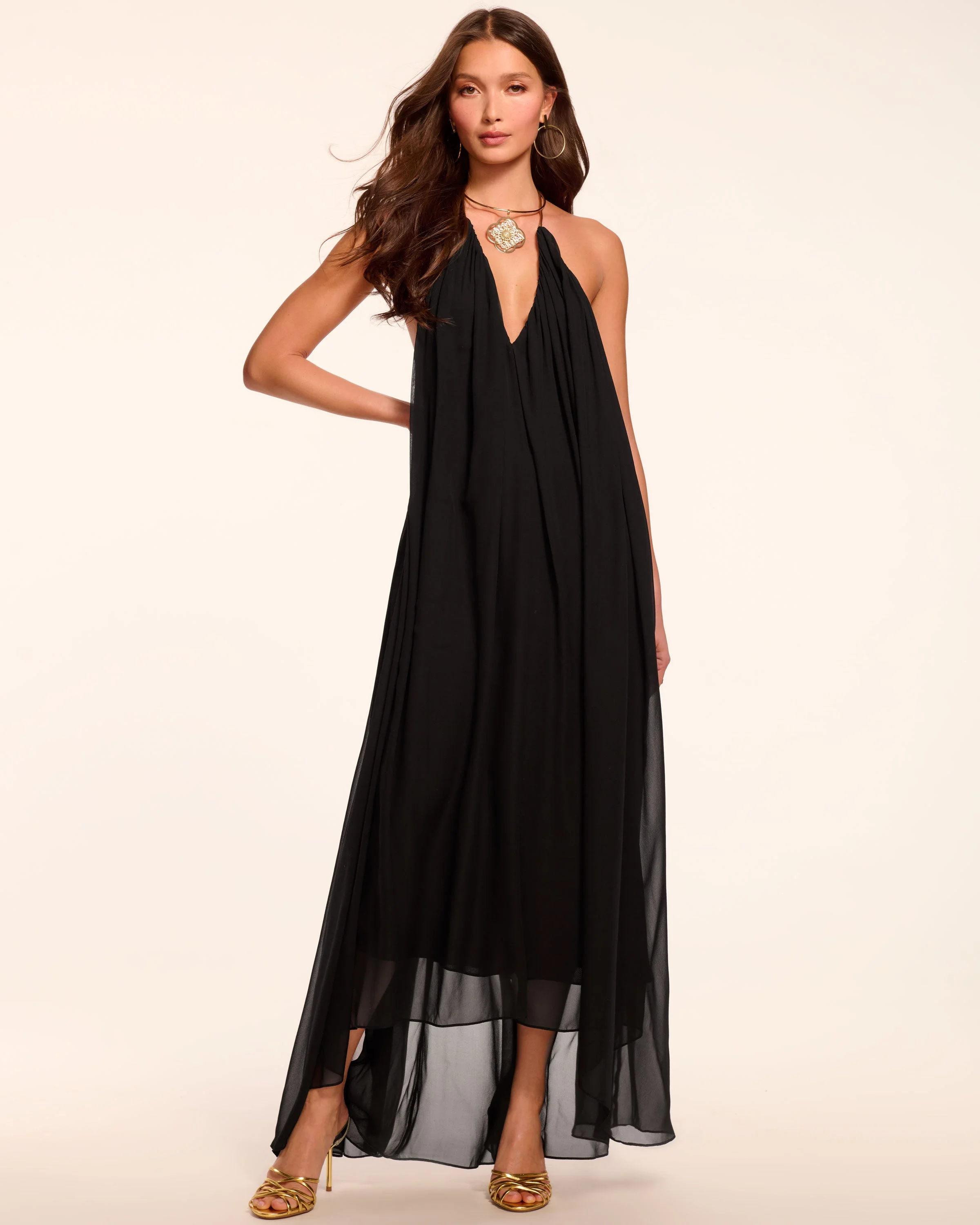 Rainn Chiffon V-Neck Halter Gown - 1
