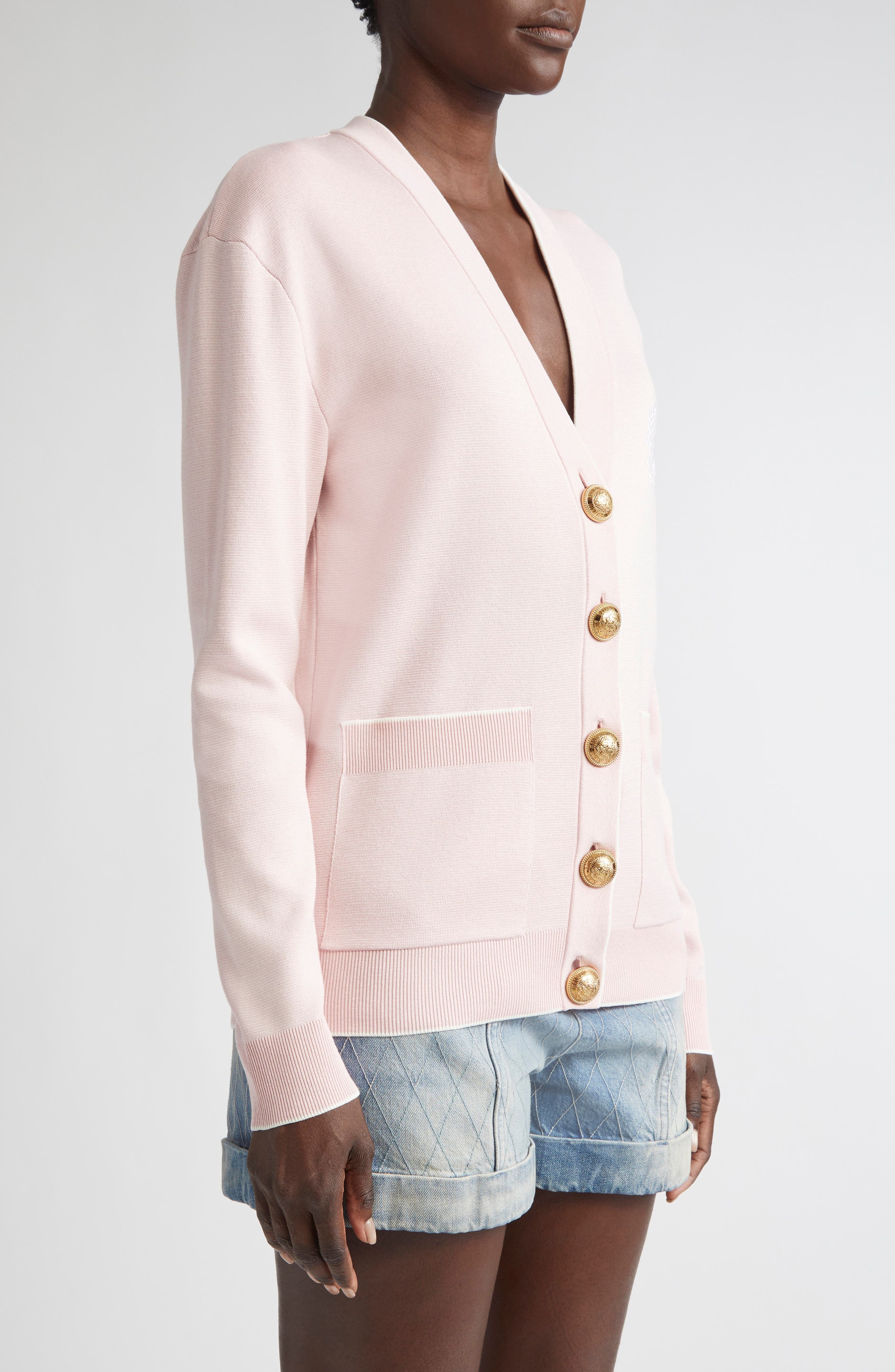 Balmain Logo Emblem Silk & Cotton Cardigan in Oin Pale Pink/White at Nordstrom - 4