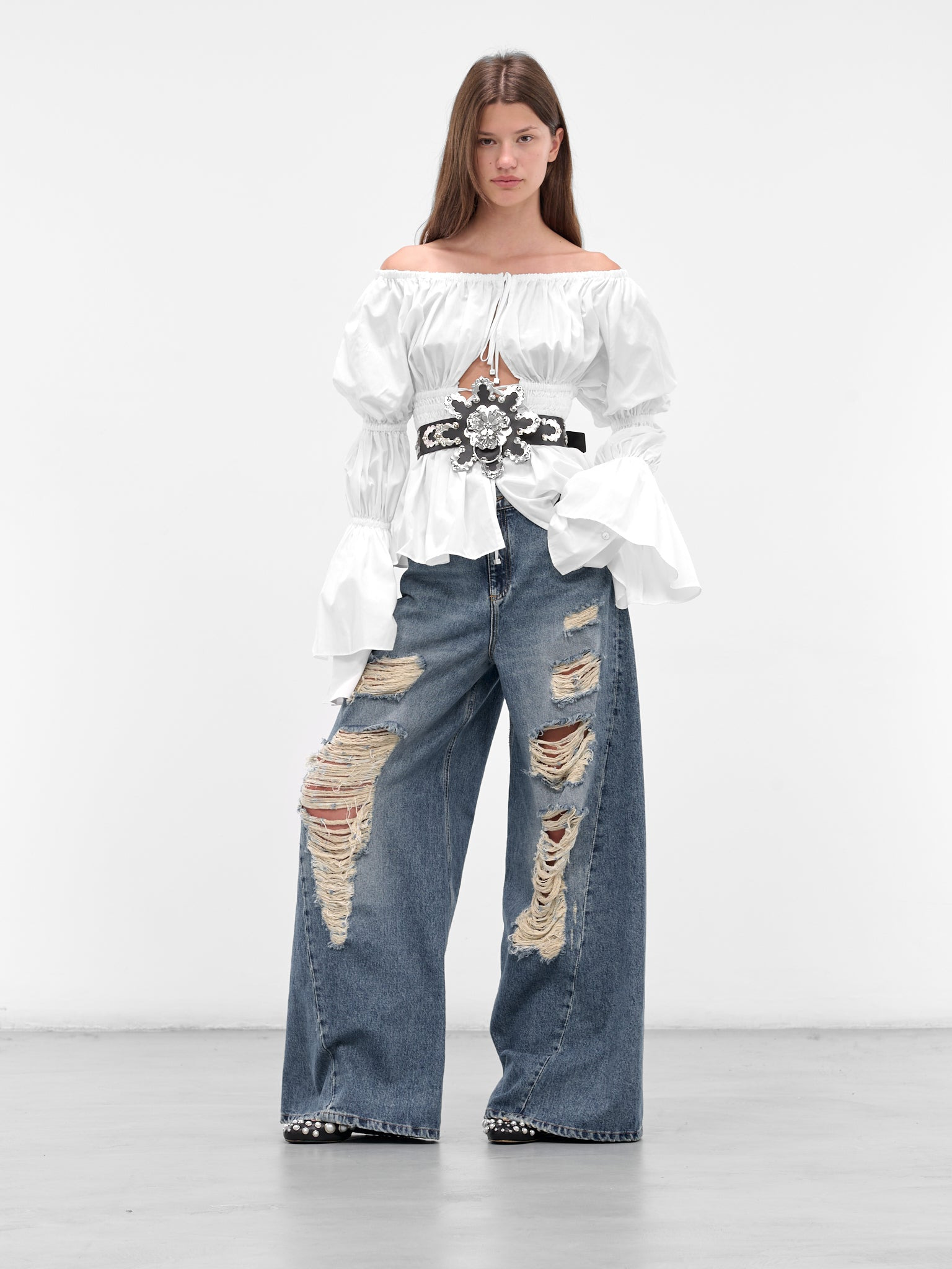 White Taffeta Ruffled Blouse - 6