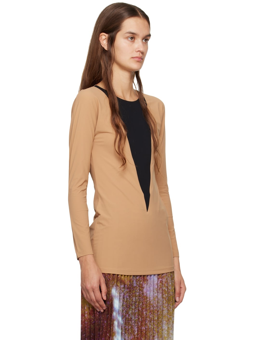 Beige & Black Paneled Long Sleeve T-Shirt - 4