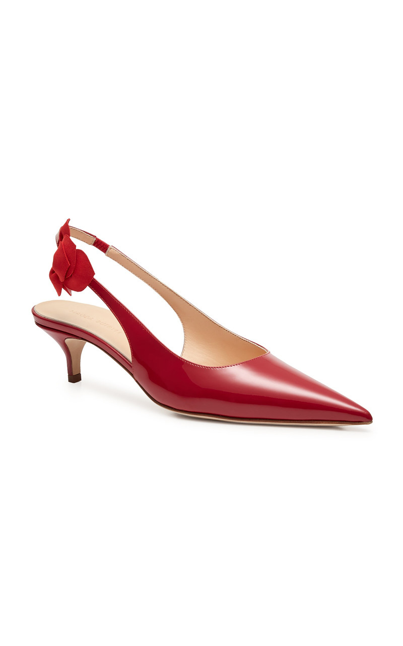 MAGDA BUTRYM Flower-Embellished Leather Slingback Kitten Heeled Pumps red outlook