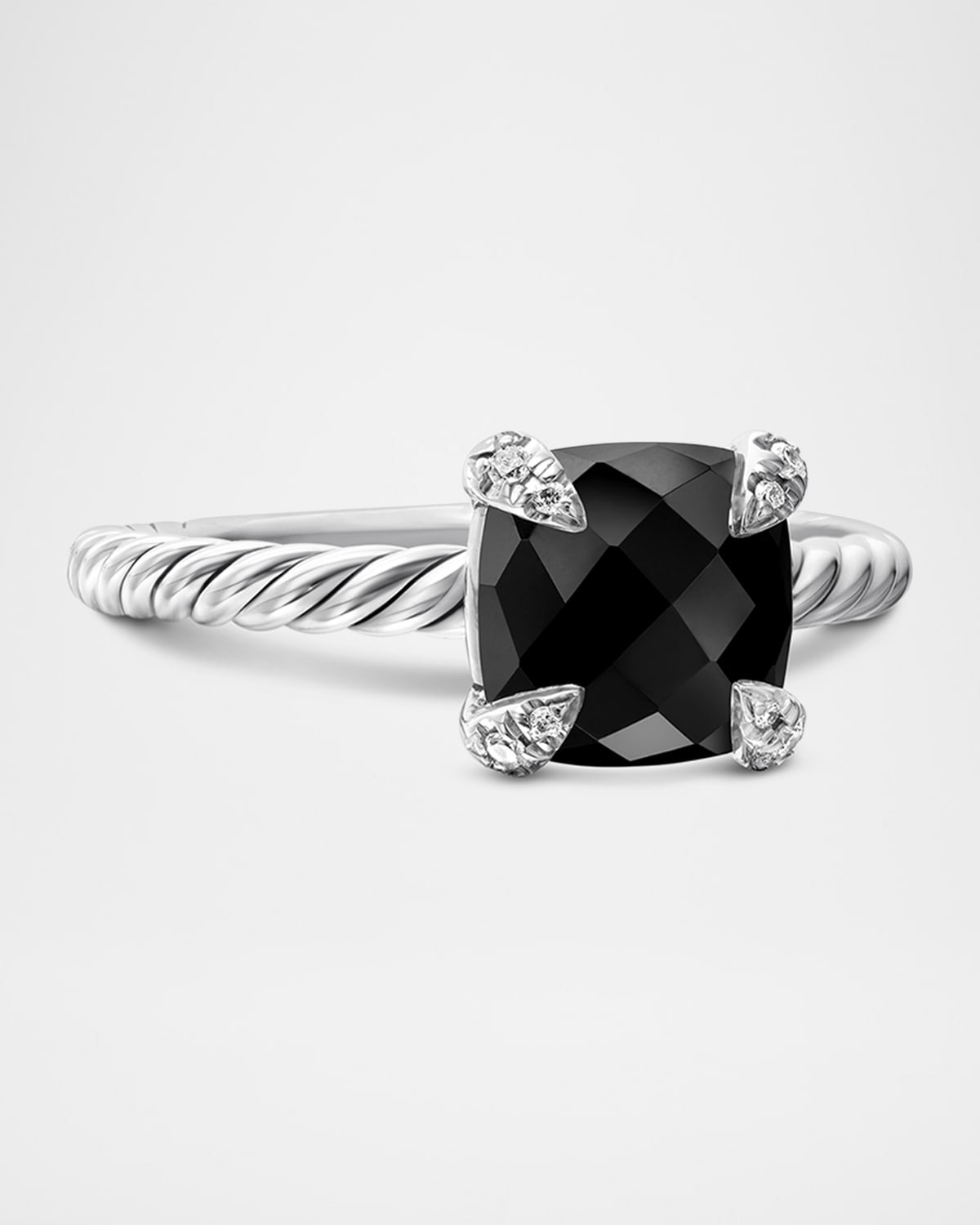 Chatelaine Ring with Black Onyx and Diamonds in Silver, 8mm, Size 10 - 1
