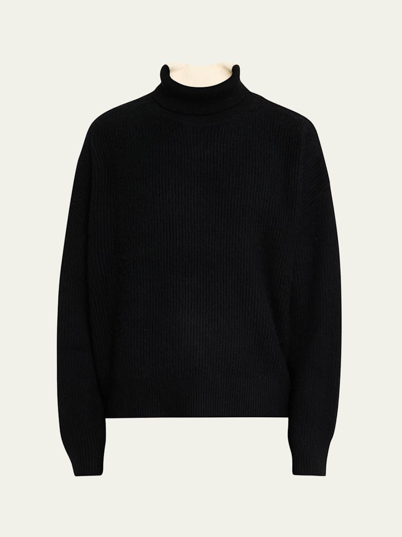 Men's Merino Wool and Cashmere Rib Color-Block Turtleneck Sweater 1