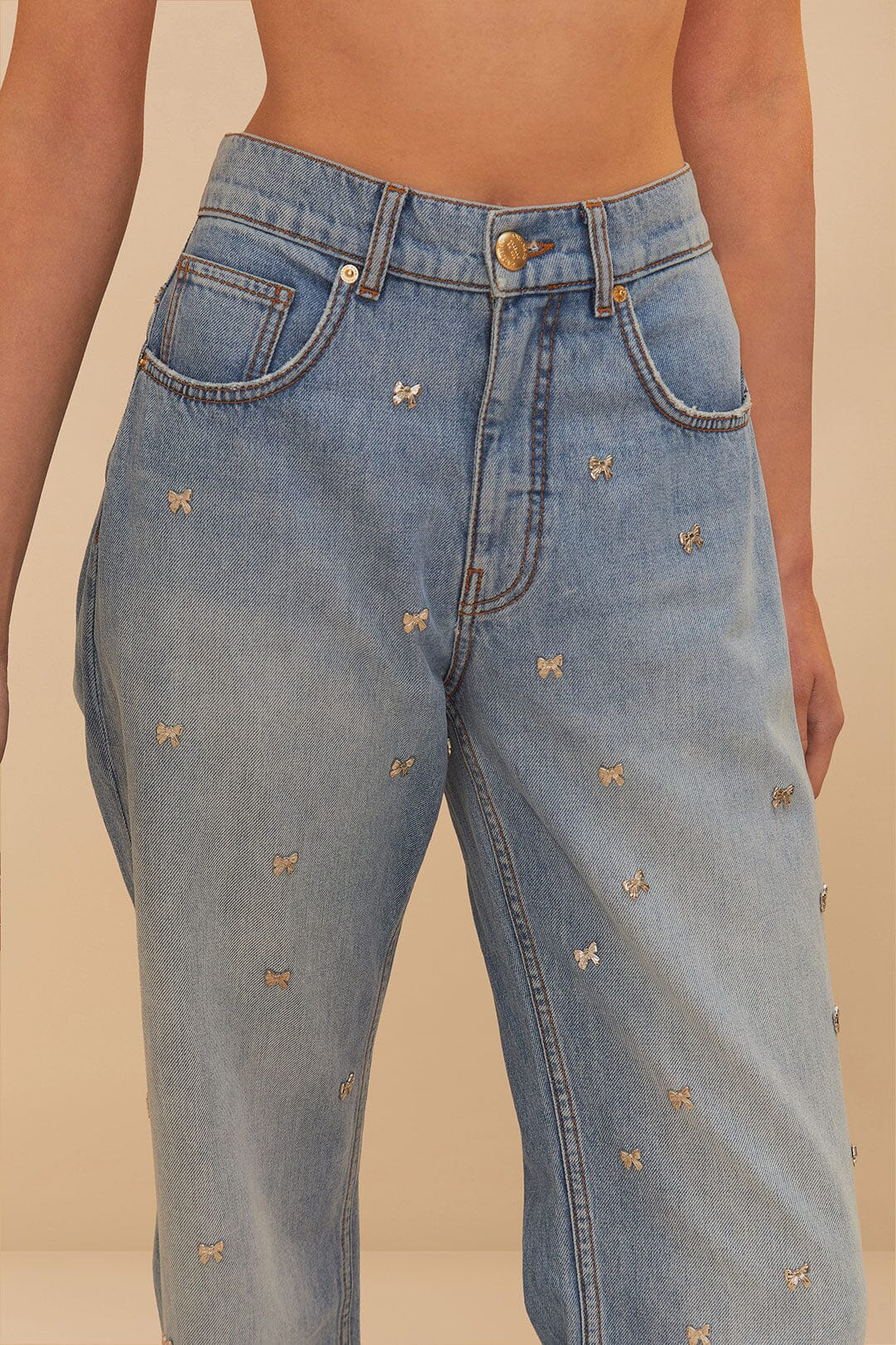 Denim Embroidered Bows Pants - 4