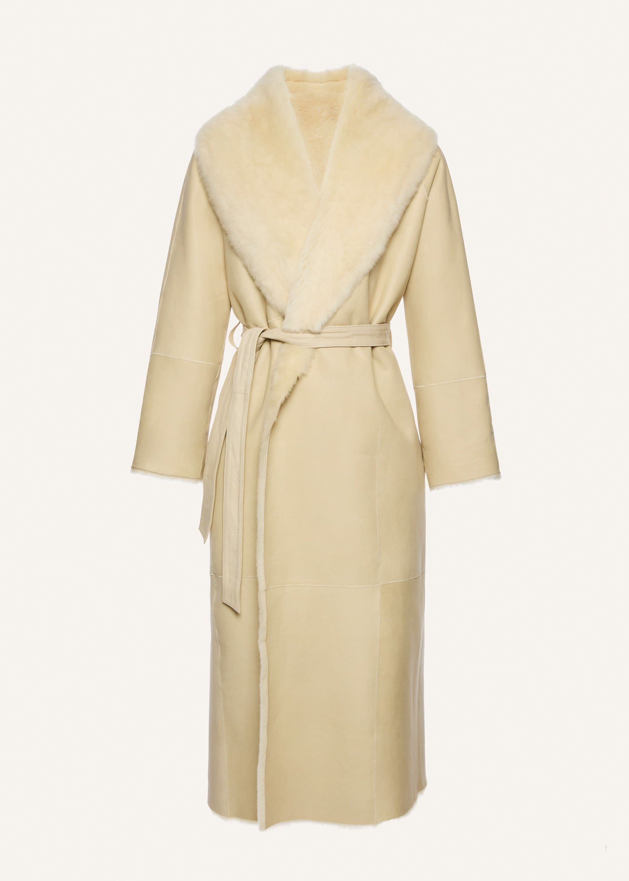 Reversible shearling wrap coat in cream - 3