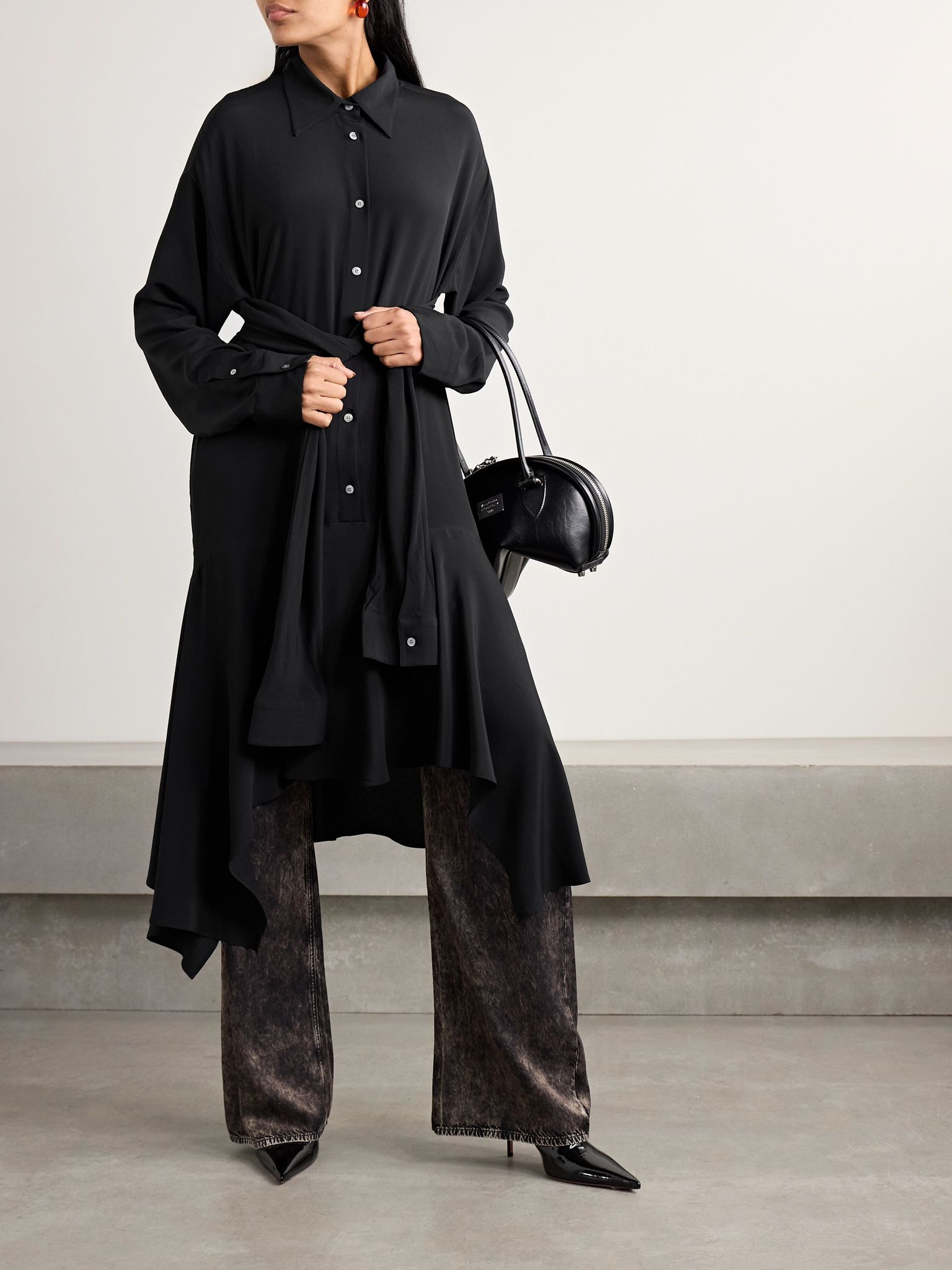 Convertible asymmetric belted crepe de chine midi shirt dress Black - 2