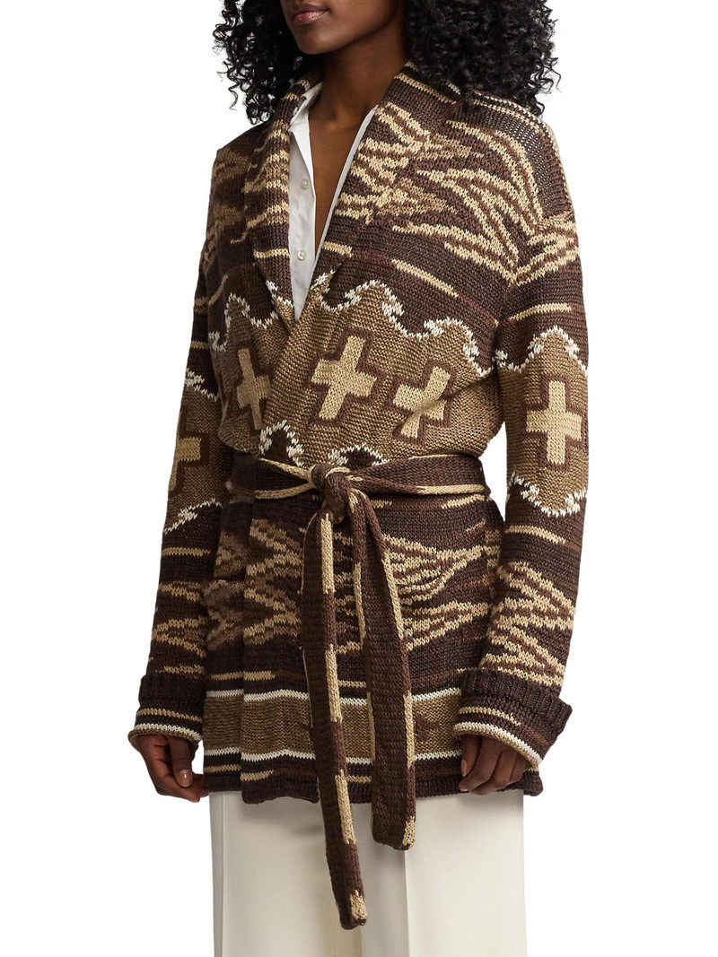 Women's Silk-Linen Shawl Collar Cardigan - Lux Tan Multi 3