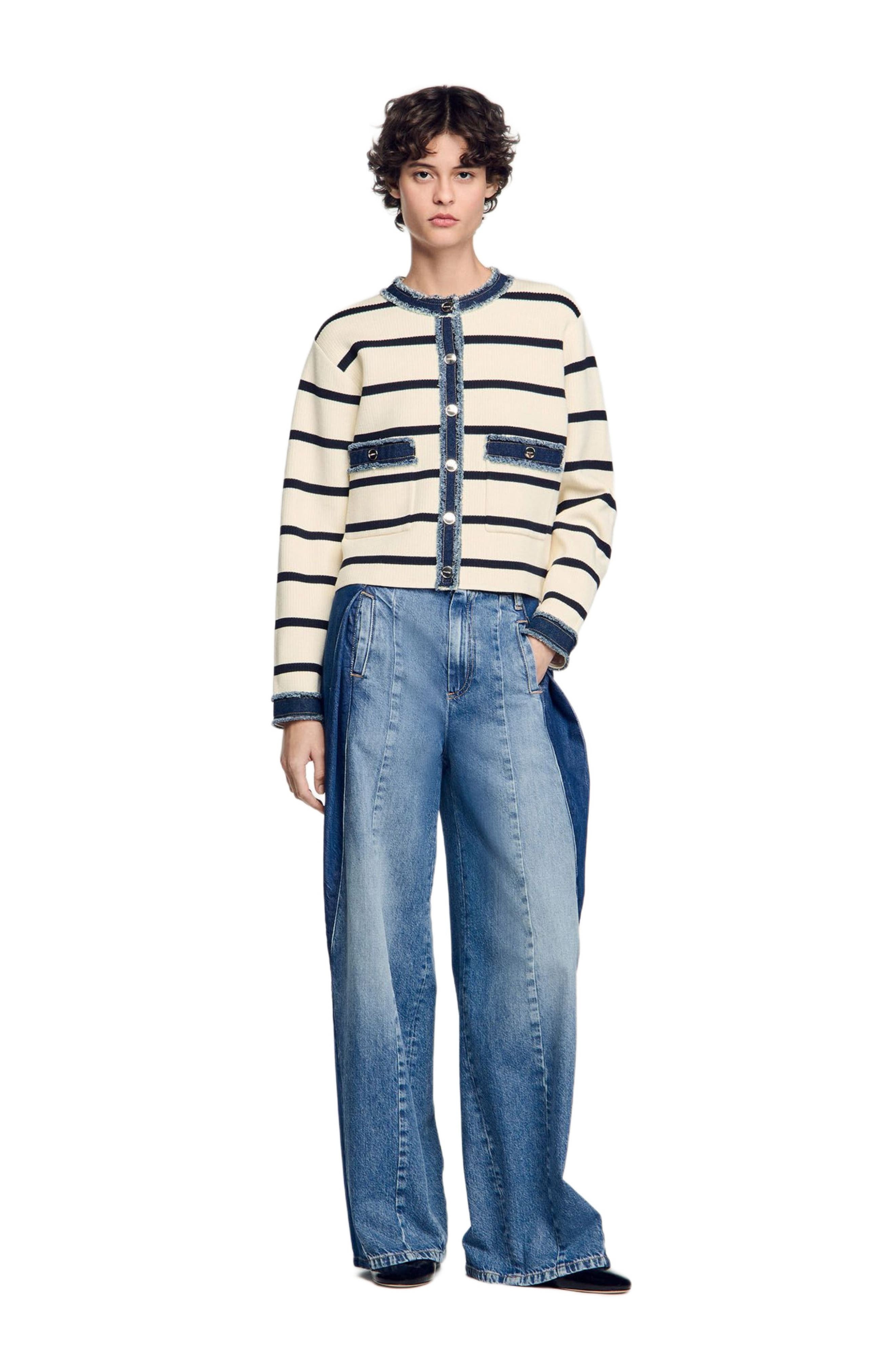 SANDRO Stripy cardigan with denim details in Ecru at Nordstrom - 6