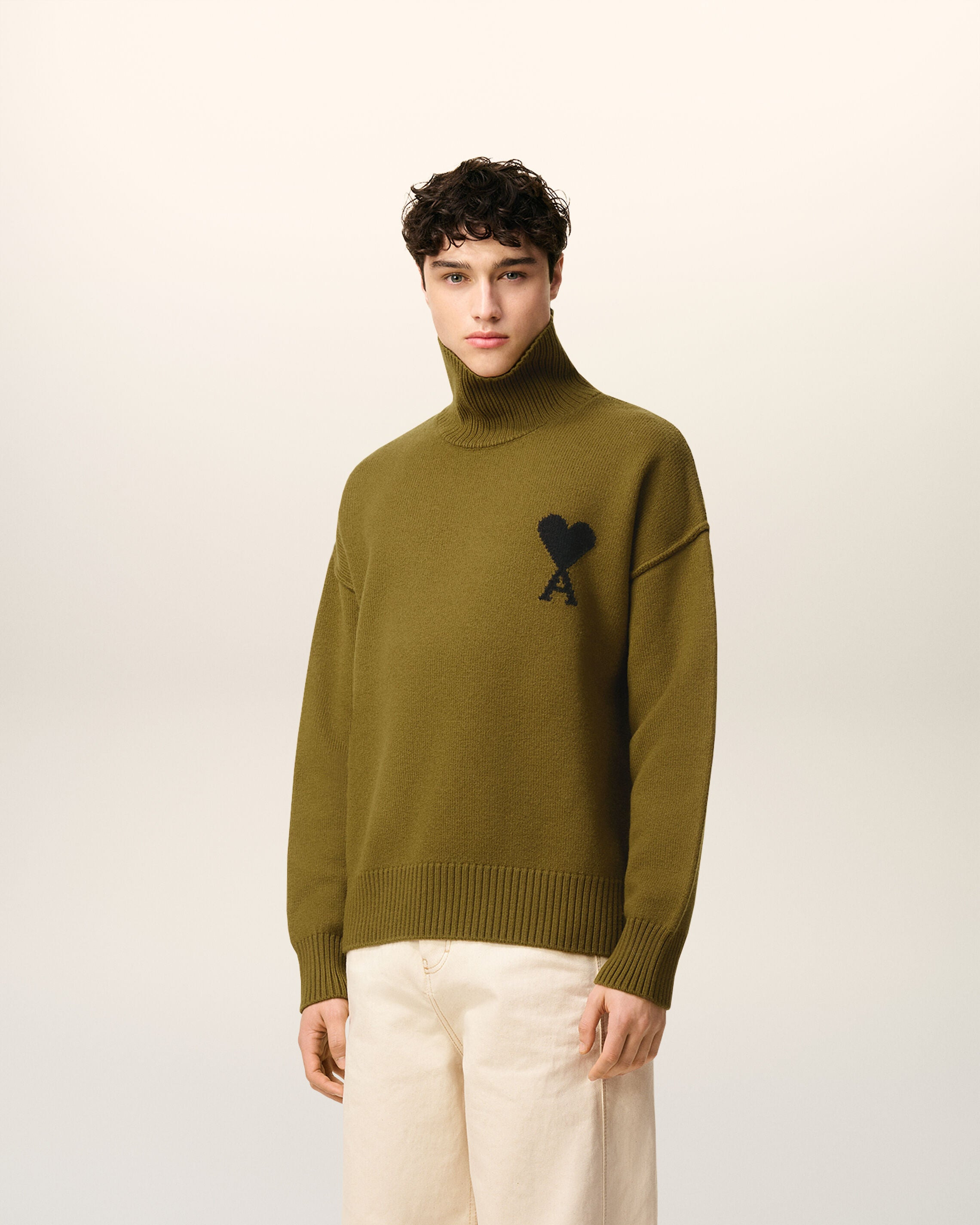 KHAKI WOOL AMI DE COEUR FUNNEL NECK SWEATER - 6