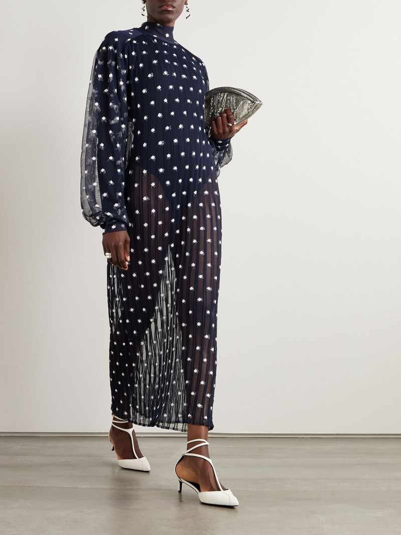 MARIE ADAM-LEENAERDT Polka-dot chiffon-trimmed ribbed-knit midi dress Navy outlook