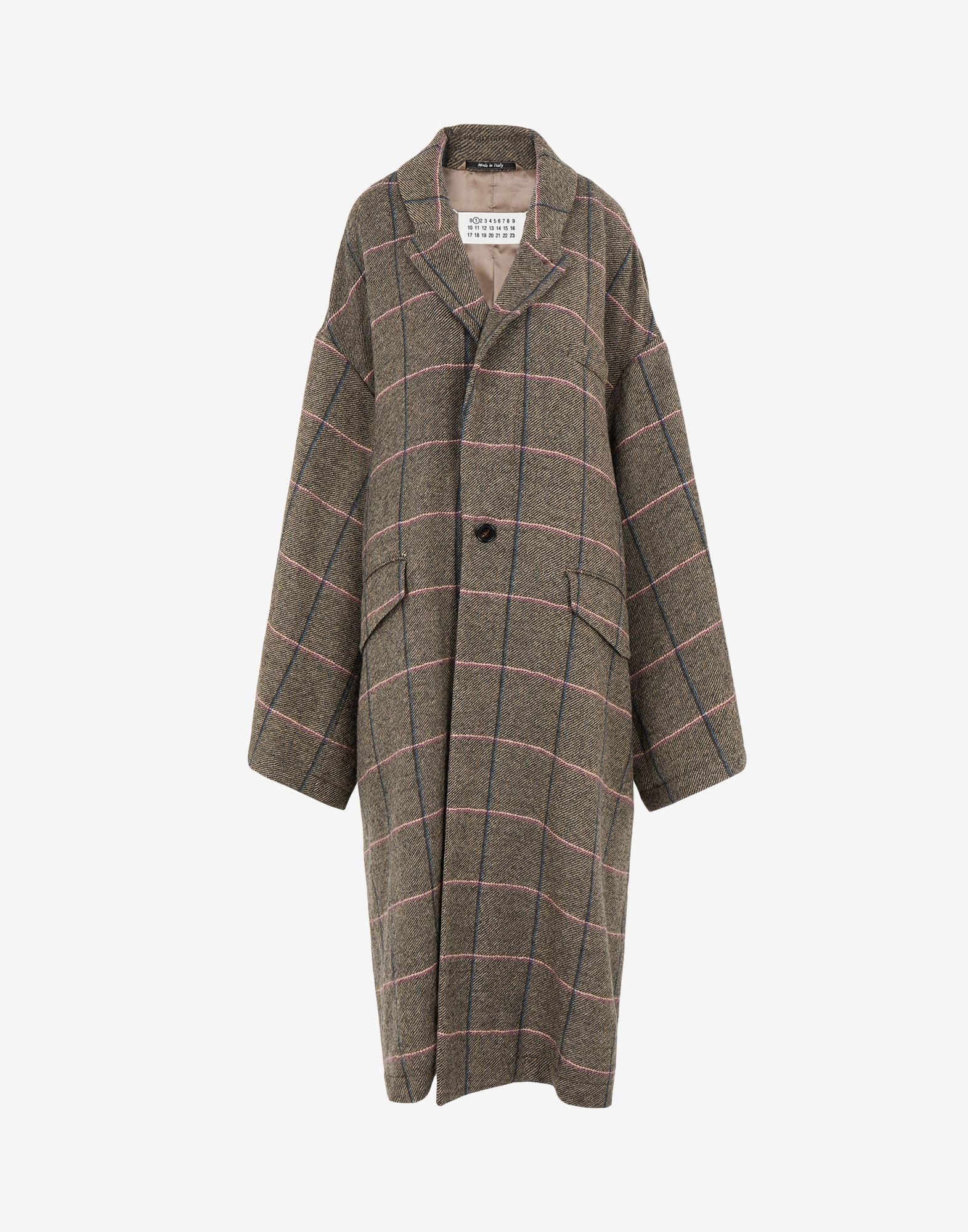 Check print wool long windowpane coat - 1