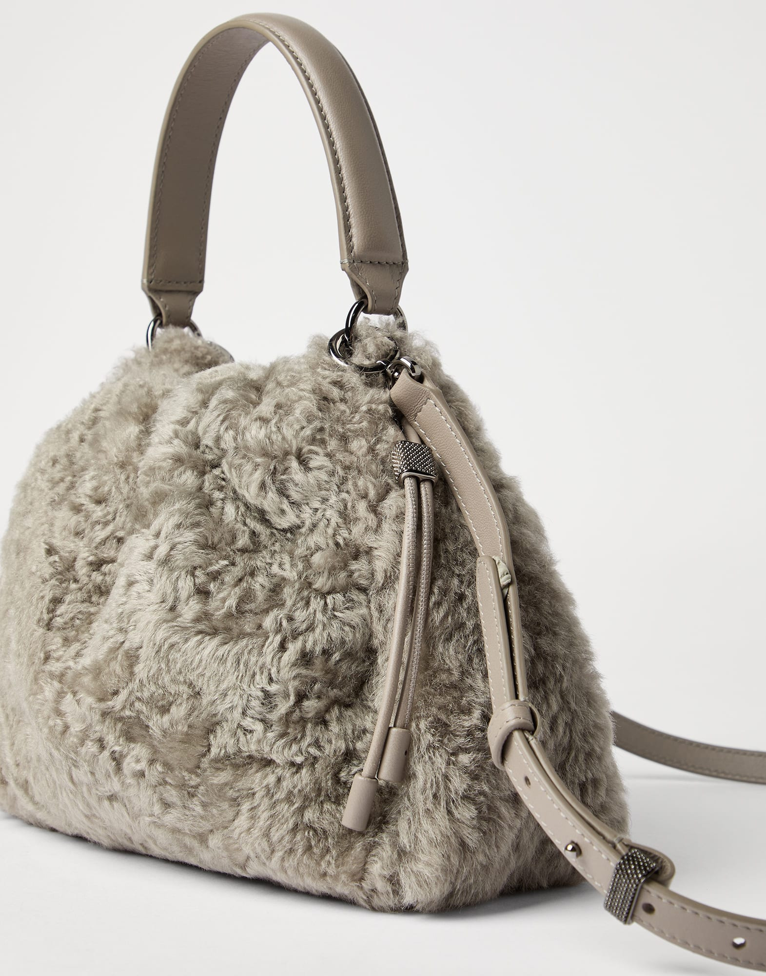 Mellow small bucket bag in fuzzy shearling with precious chain - 3