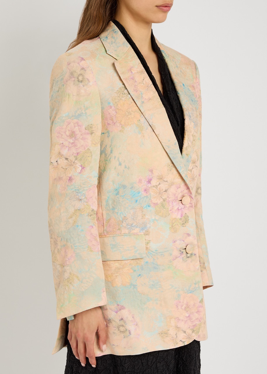 ジャケット DRIES VAN NOTEN Jacquard linen blend blazer with floral Linen-blend jacquard blazer in blue - Dries Van Noten