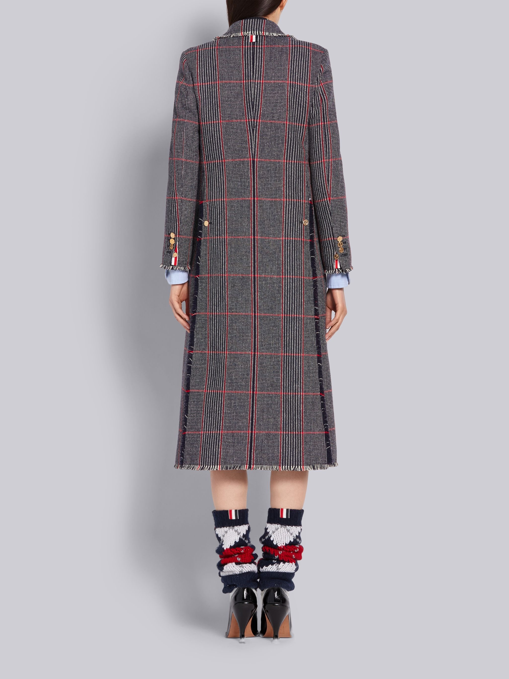 Tricolor Oversized Check Hunting Wool Tweed Frayed Wide Lapel Overcoat - 3